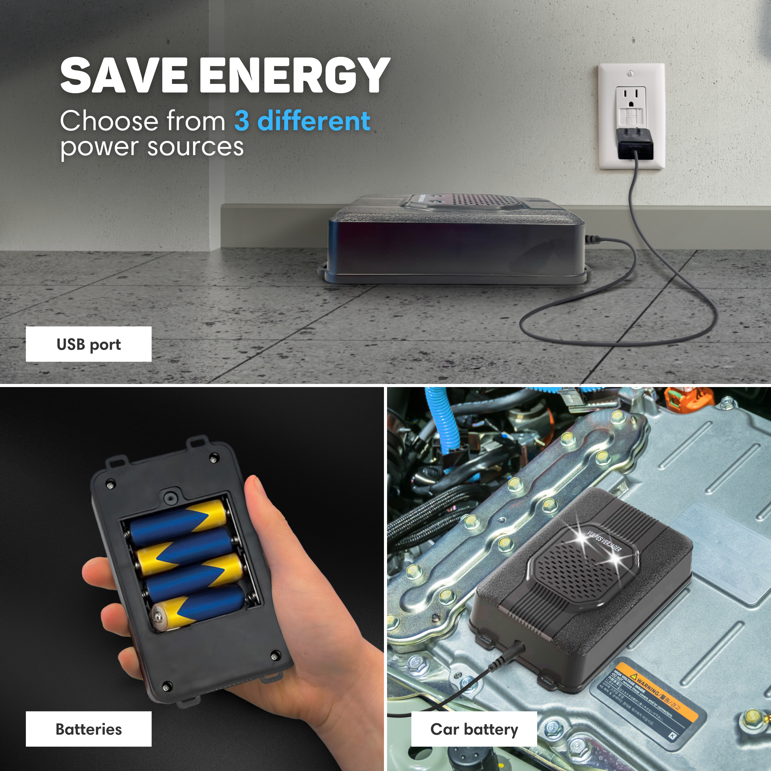 Das Bild zeigt ein Gerät, das über einen USB-Anschluss, Batterien und eine Autobatterie mit Strom versorgt wird.