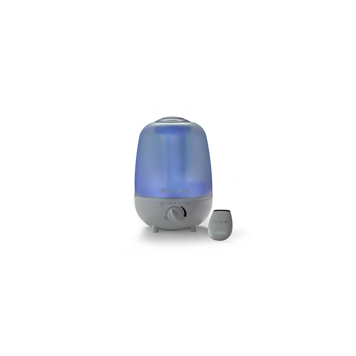 Un humidificador gris y azul con mando a distancia sobre un fondo blanco. El humidificador tiene forma cilíndrica.