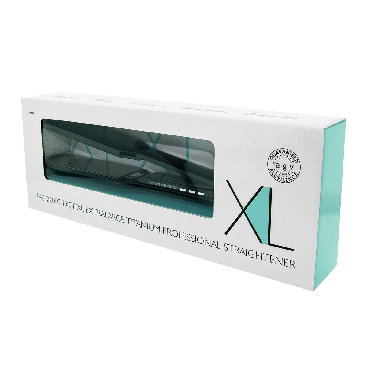 Una caja blanca con una ventana que muestra una plancha de pelo negra. El texto de la caja dice 'XL' y 'Digital Extralarge Titanium'.