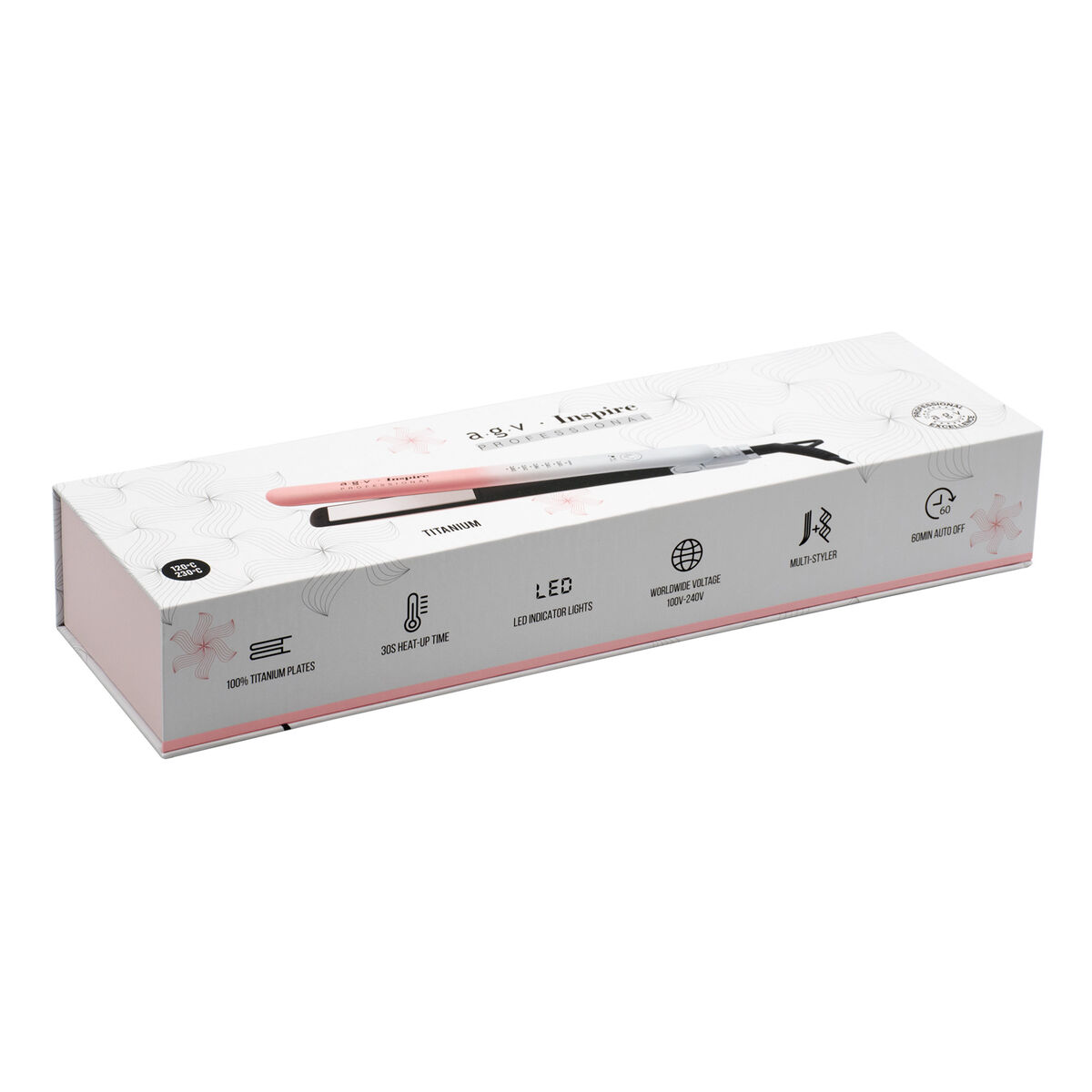 Una caja con una plancha de pelo dentro. El texto en la caja incluye 'Titanio', 'LED' y 'Voltaje Mundial'. La plancha es rosa.