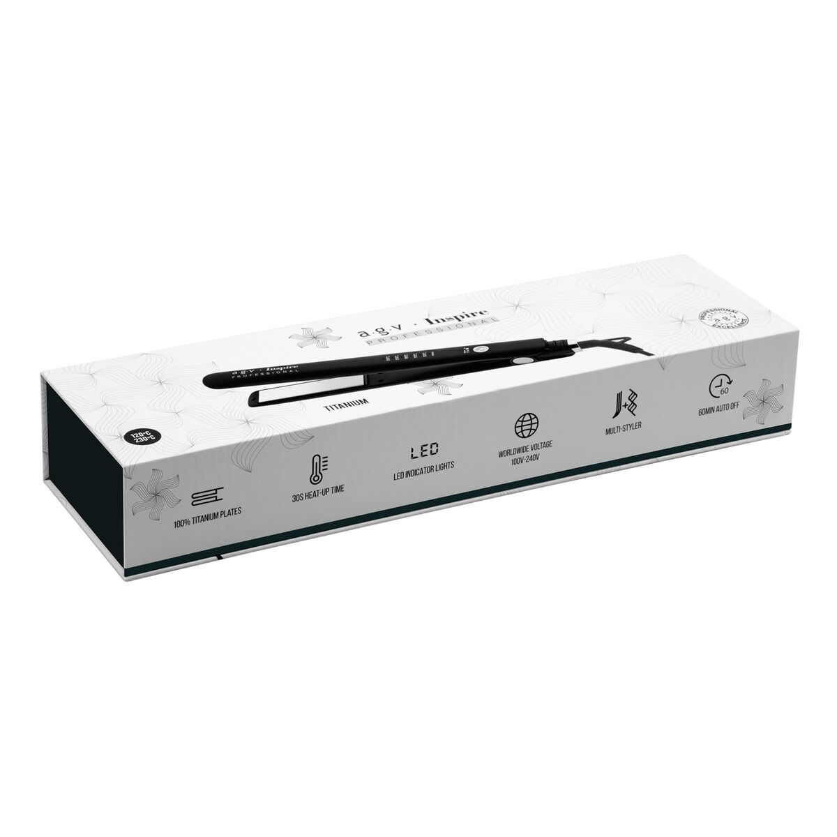 Una caja blanca con una plancha de pelo negra dentro. El texto incluye 'Titanio', 'LED' y '60min apagado'.