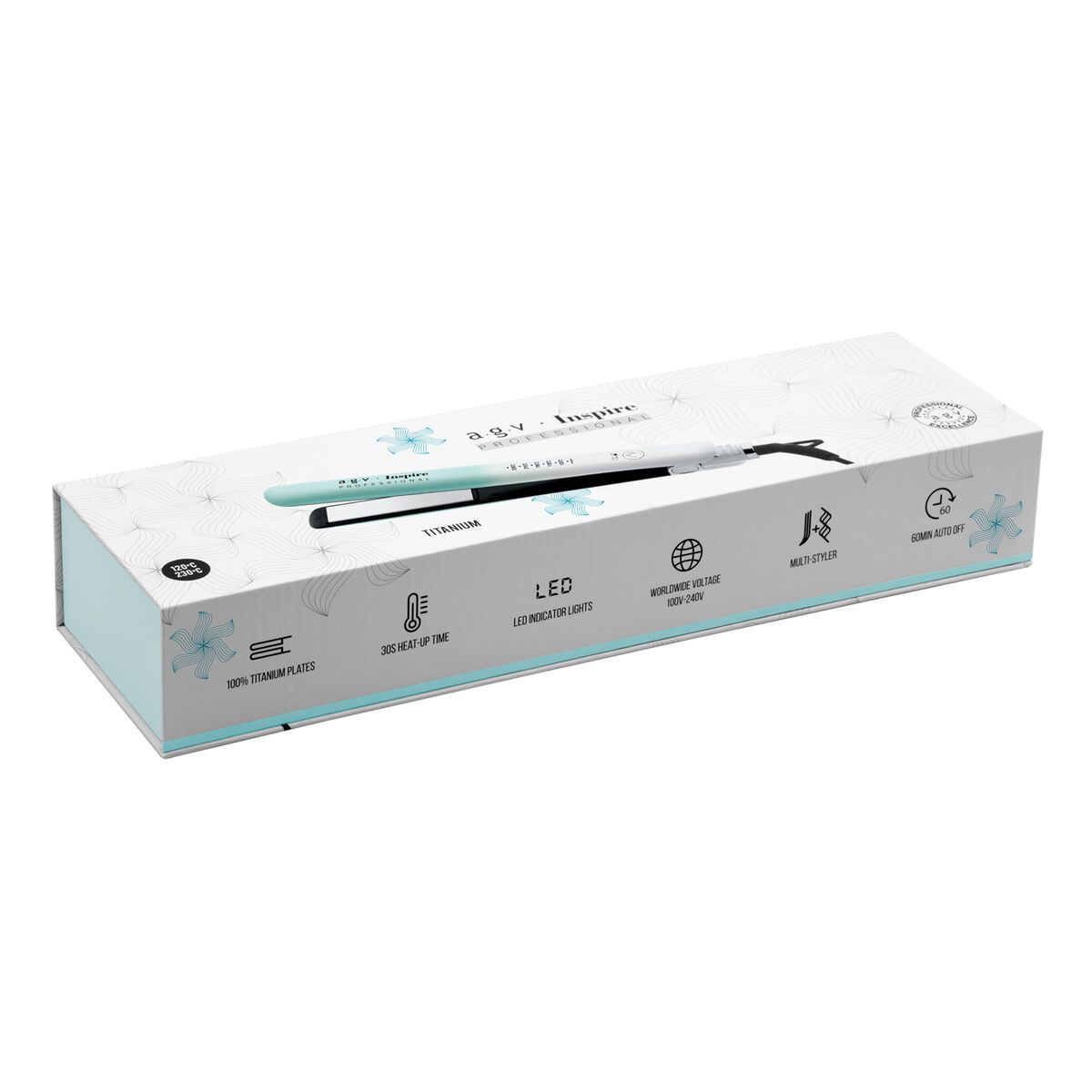 Una caja de plancha para el cabello. La caja es blanca y azul claro, con información del producto. Una plancha está en la caja.