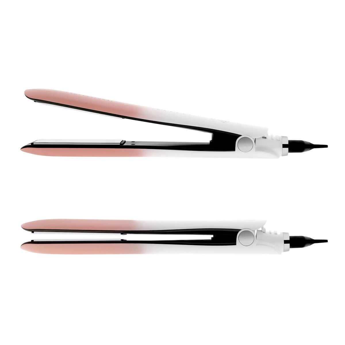 Dos planchas para el pelo, una abierta, otra cerrada. Combinación de colores blanco y rosa. Detalles en negro. Aisladas sobre fondo blanco.