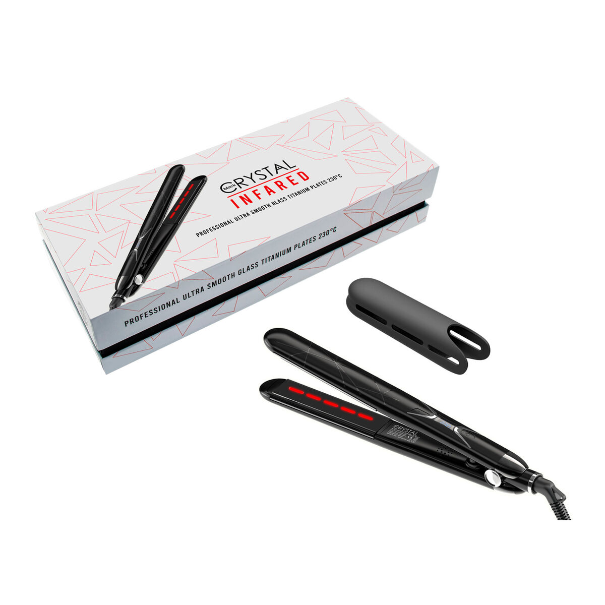 Se muestra una plancha para el pelo y su caja. La plancha es negra con luces rojas y la caja es blanca con detalles y texto en rojo.
