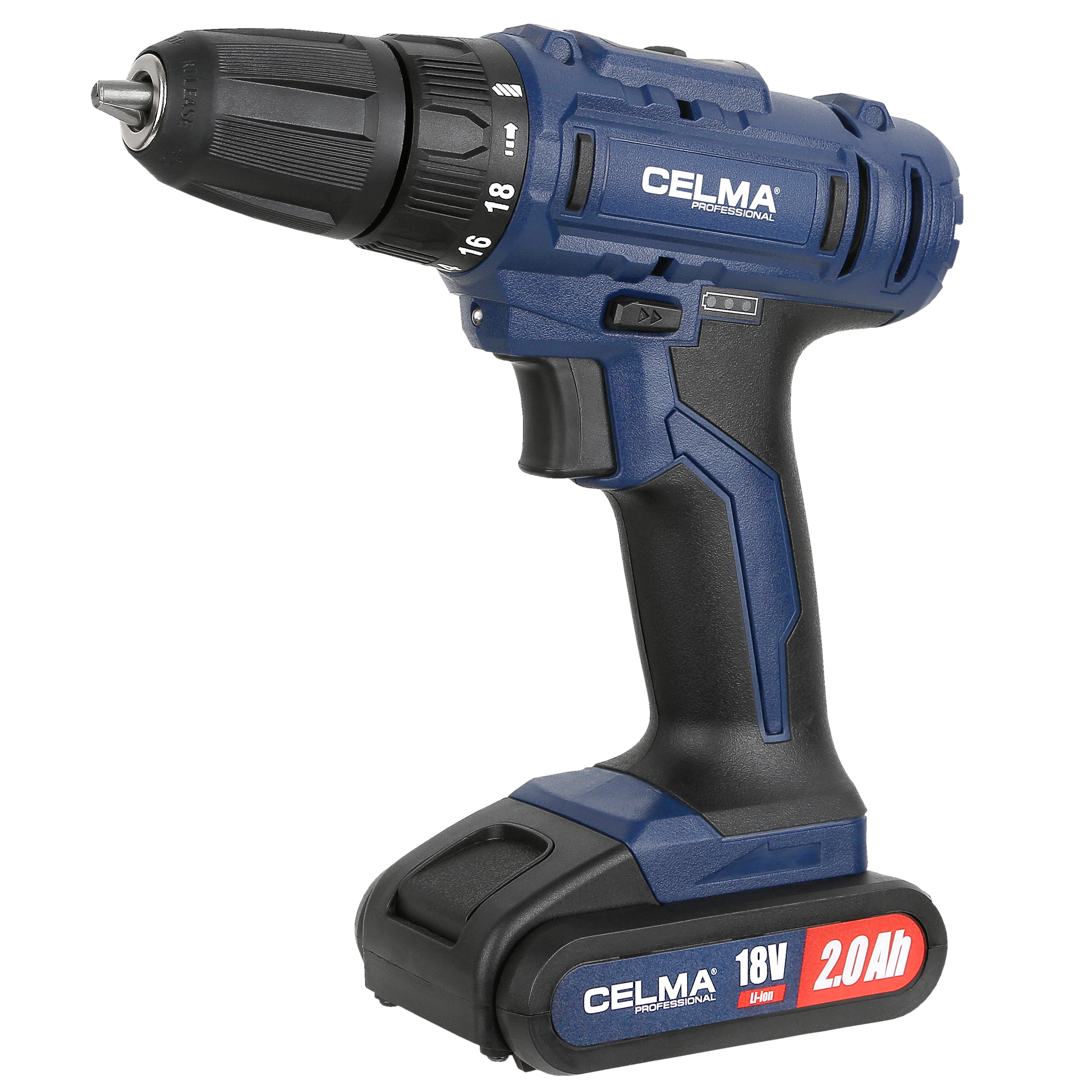 Niebiesko-czarna wiertarka akumulatorowa. Wiertarka ma czarny uchwyt i niebieski korpus. Ma markę Celma.
