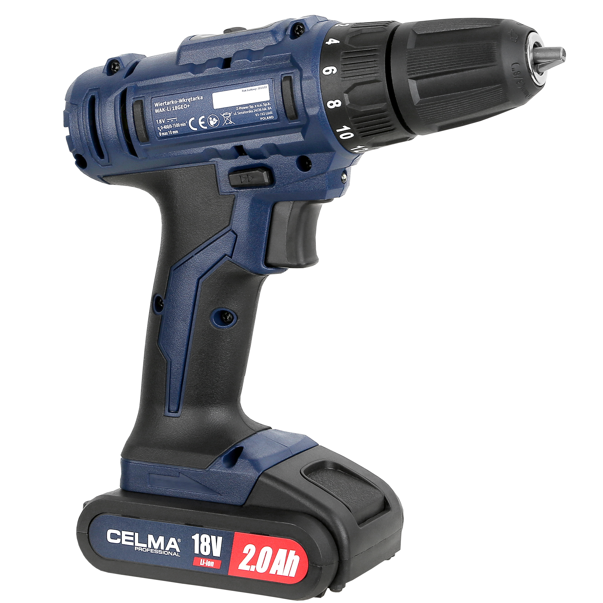 Niebiesko-czarna wiertarko-wkrętarka akumulatorowa z czarnym uchwytem i baterią. Marka: Celma.