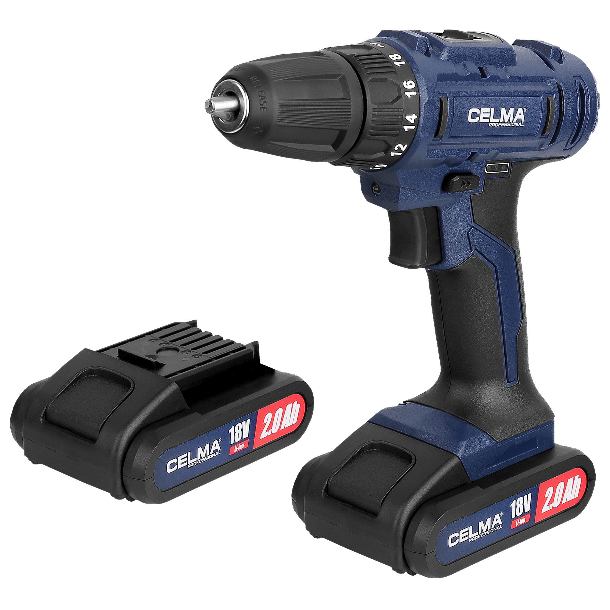 Niebiesko-czarna wiertarka bezprzewodowa z oddzielnym akumulatorem, oba z logo CELMA.