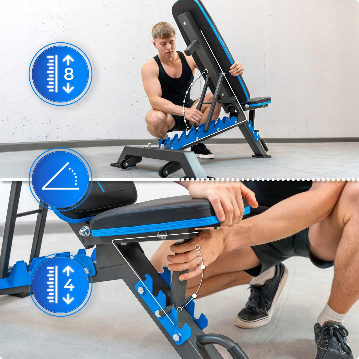 Mężczyzna reguluje czarno-niebieską ławkę do ćwiczeń. Niebieskie koła wskazują opcje regulacji. Strzałki sugerują regulację wysokości i kąta.