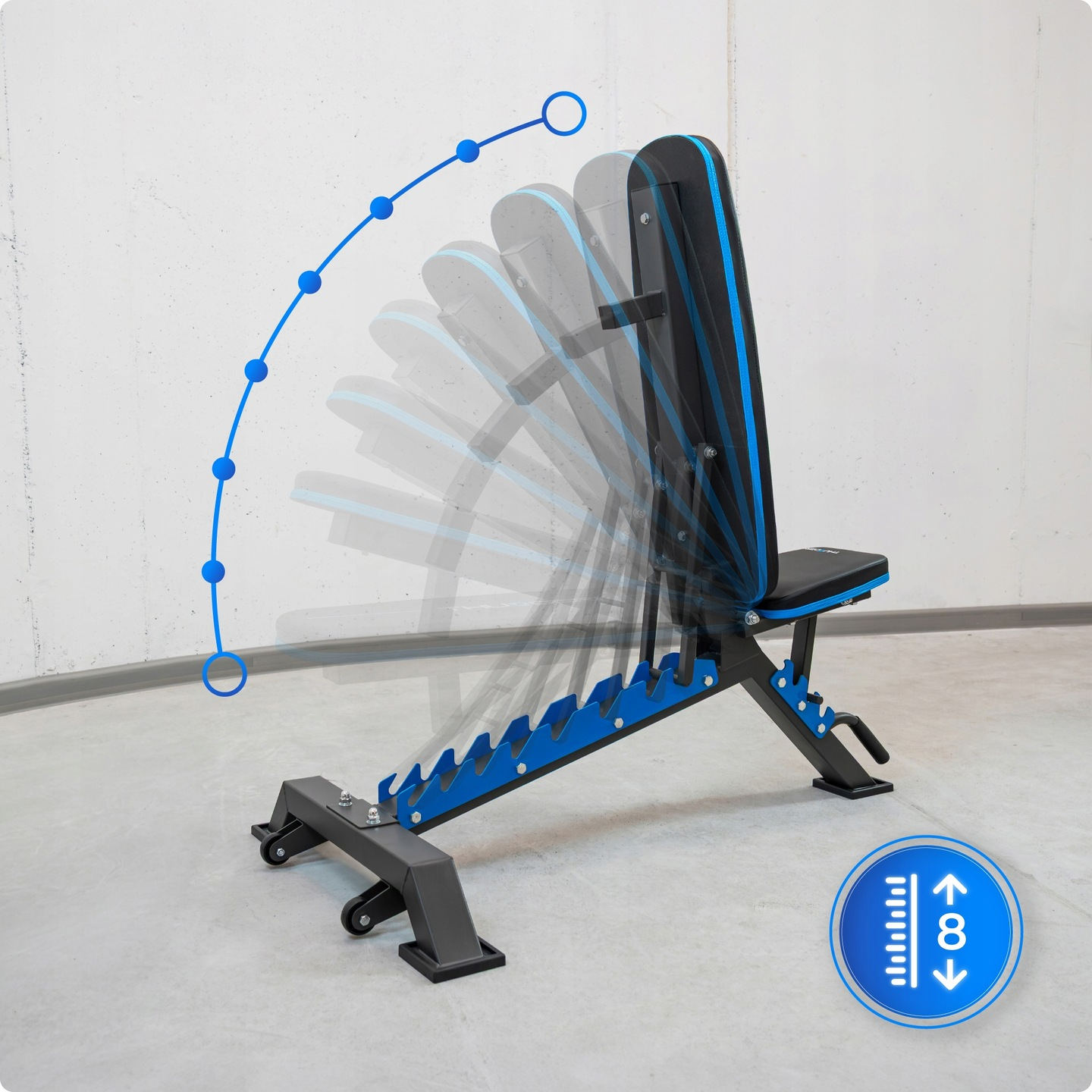 Regulowana ławka do ćwiczeń z niebieskimi i czarnymi akcentami. Diagram pokazuje regulowane pozycje i ustawienia.