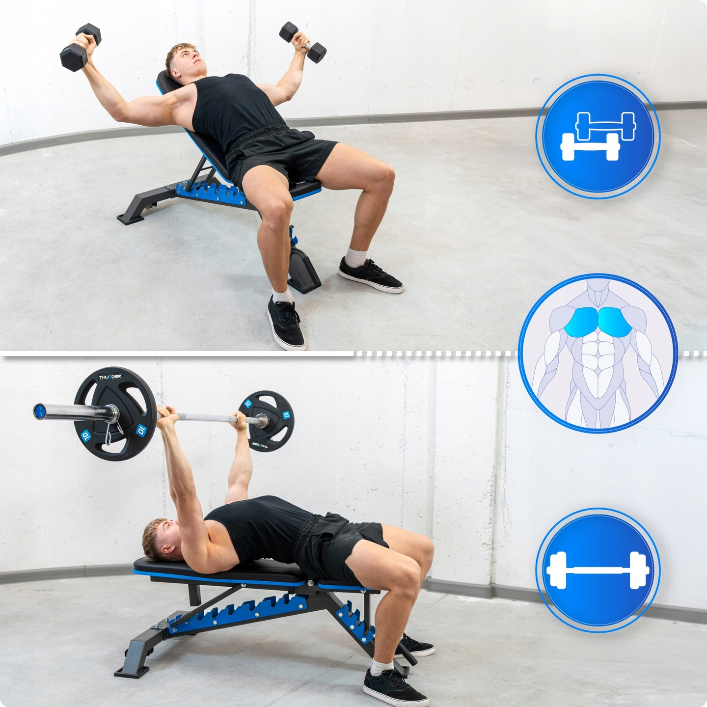 Mężczyzna wyciska sztangielki, a następnie sztangę. Niebieskie ikony pokazują ćwiczenia i grupy mięśni. Ma czarne ubrania.