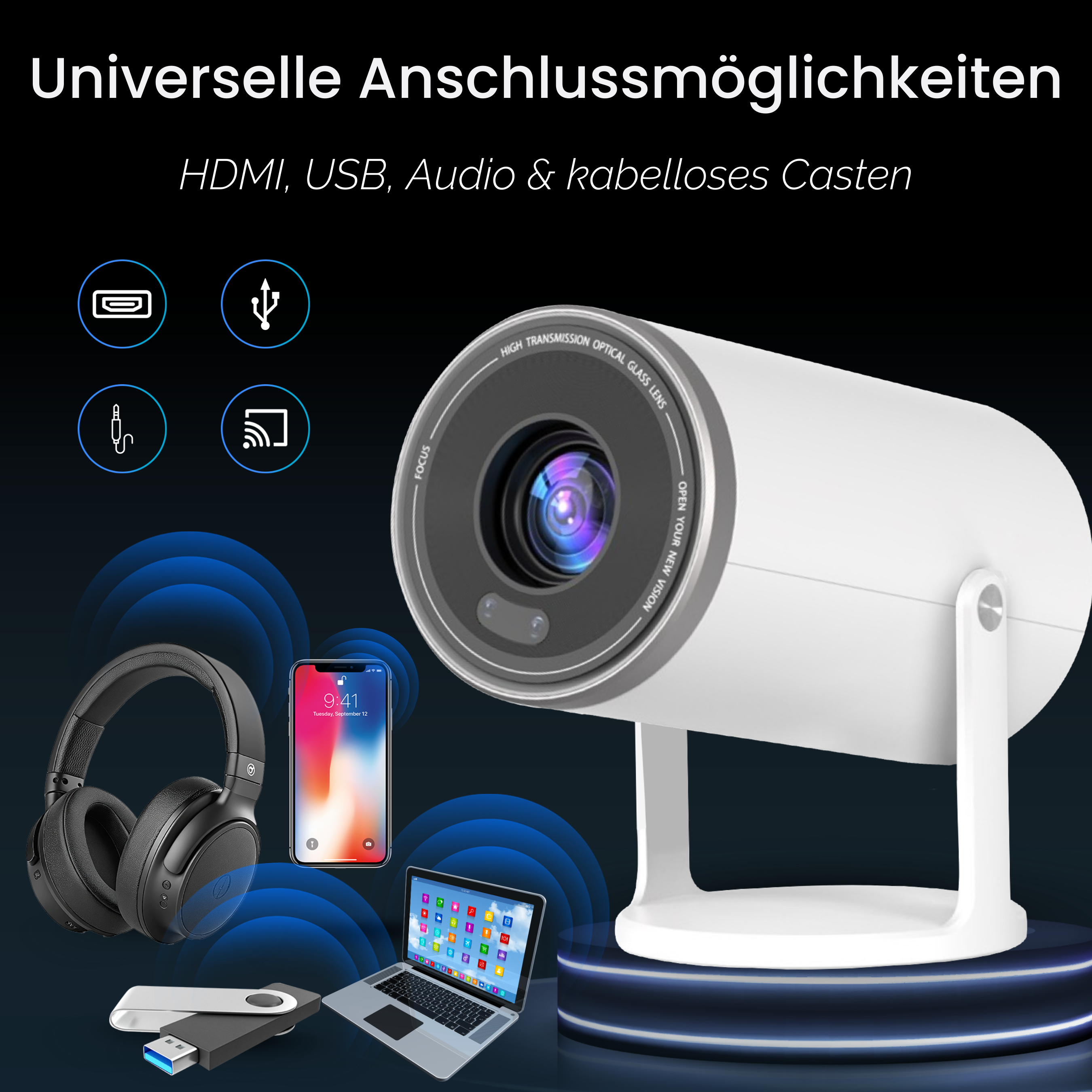 Un proiettore bianco con accessori come cuffie, telefono, laptop e chiavetta USB su sfondo blu scuro.
