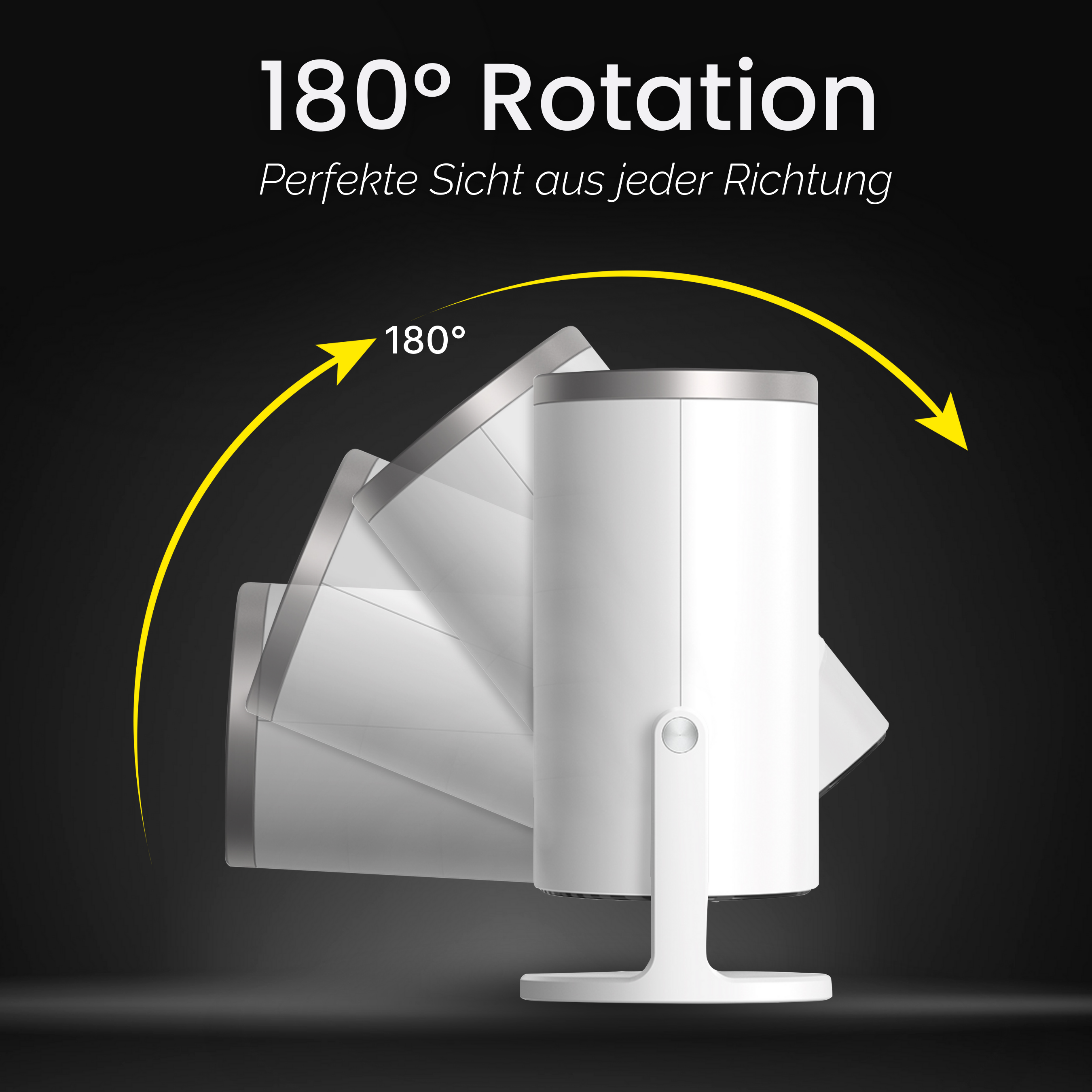 Un dispositivo bianco ruota. Frecce gialle indicano rotazione di 180°. Testo: '180° Rotation' e 'Vista perfetta'.