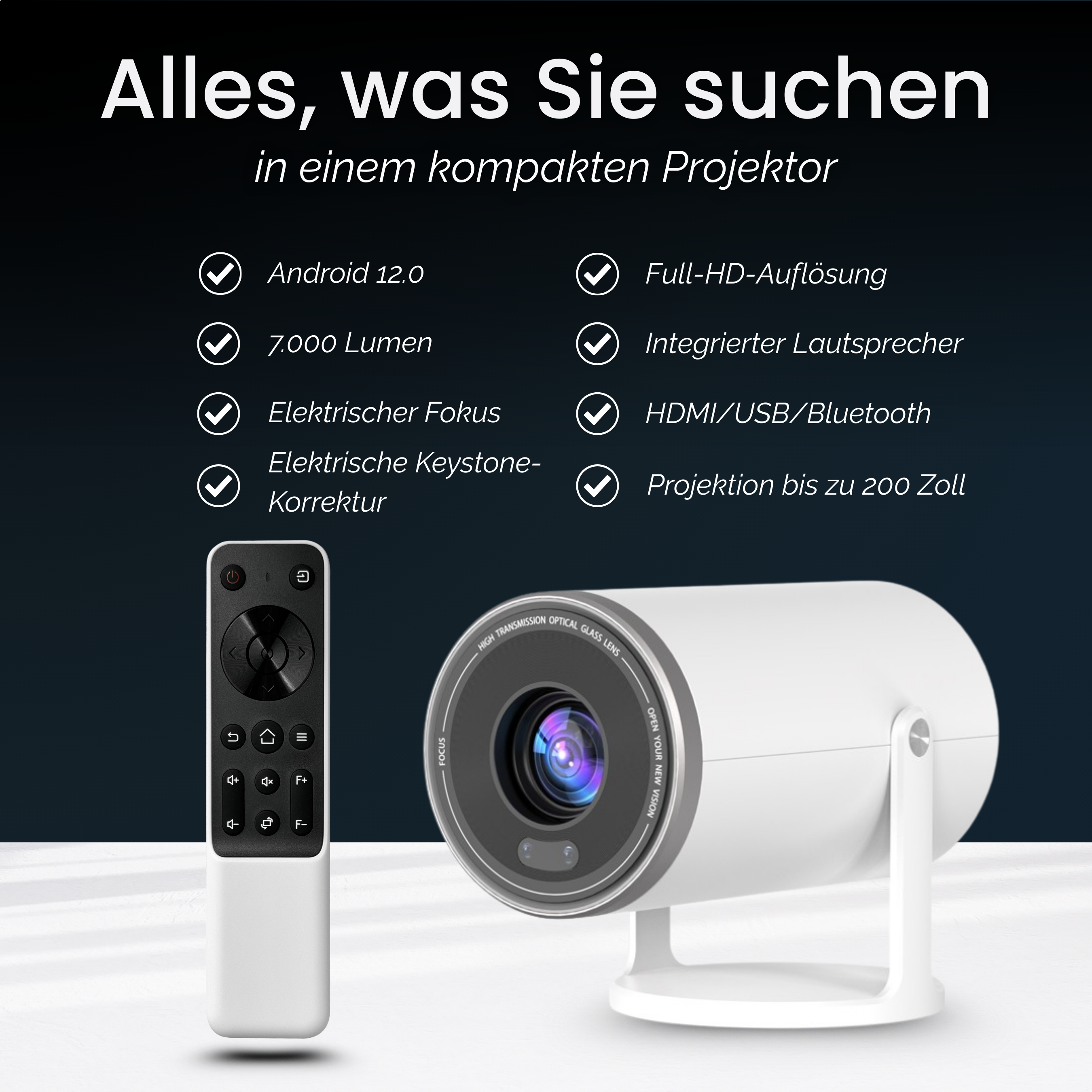 Ein weißer Projektor mit Fernbedienung, Text auf Deutsch. Zu den Merkmalen gehören Android 12.0, 7.000 Lumen und Full-HD-Auflösung.