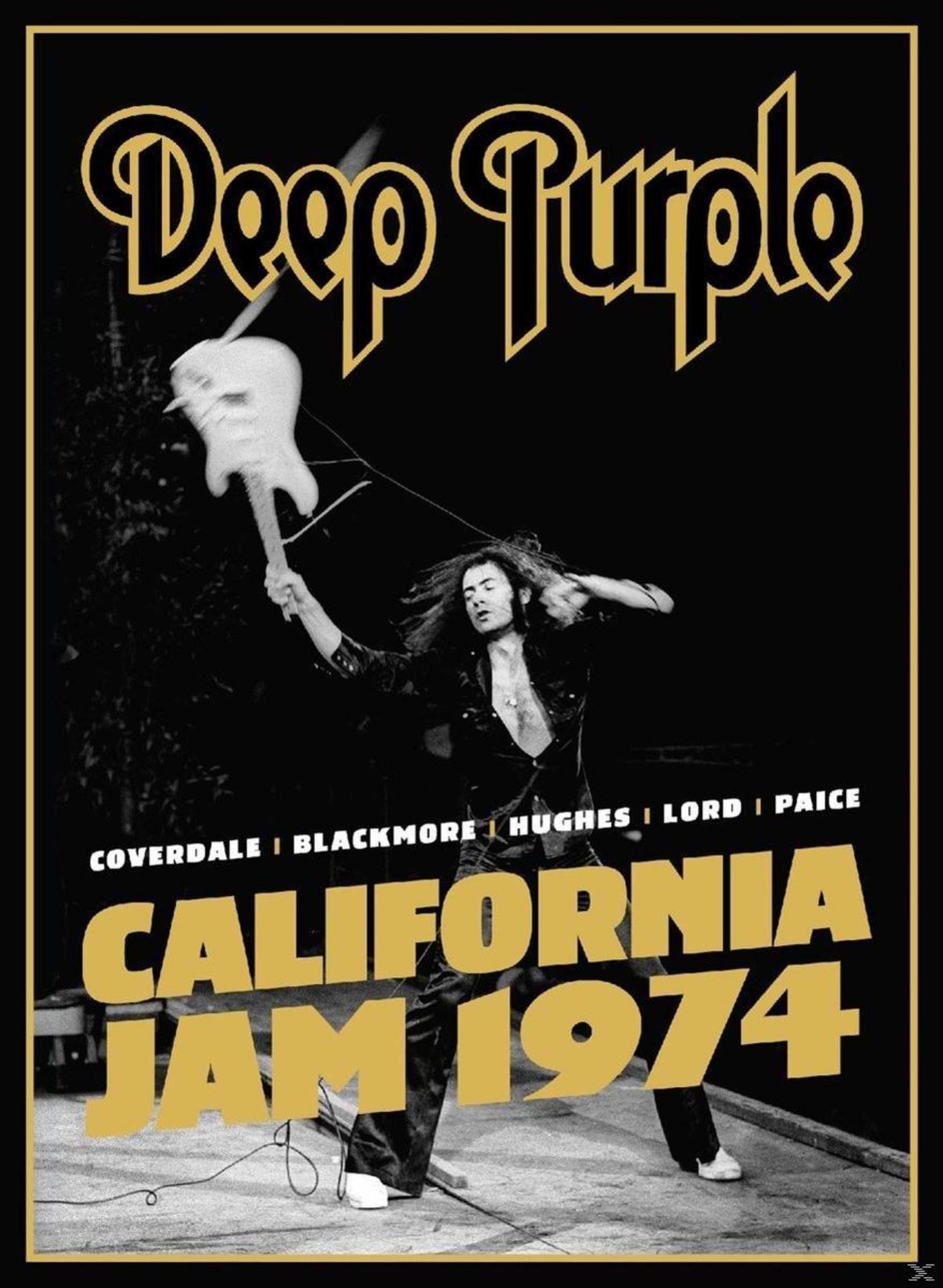Poster del concerto California Jam 1974 dei Deep Purple. Un uomo lancia una chitarra bianca. Il testo include i membri della band e i dettagli dell'evento.