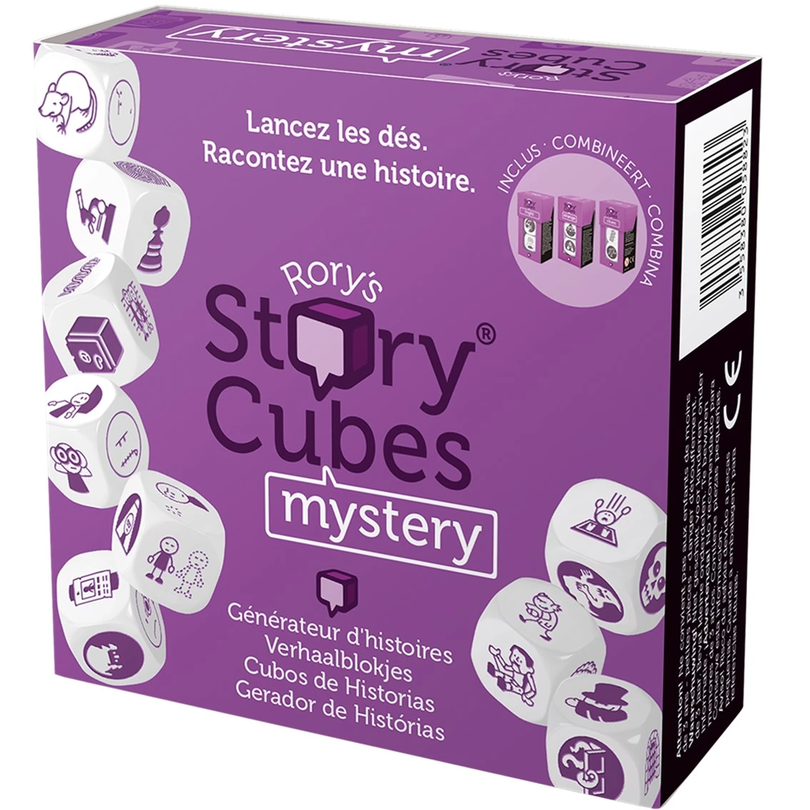 Eine lila Schachtel von Rory's Story Cubes Mystery. Würfel mit Bildern sind verstreut. Der Text enthält 'mystery' und 'story cubes'.