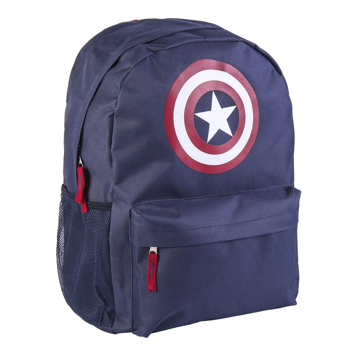 Mochila azul marino con el logo del escudo del Capitán América. Cuenta con un bolsillo frontal, bolsillo lateral de malla y cremalleras rojas.