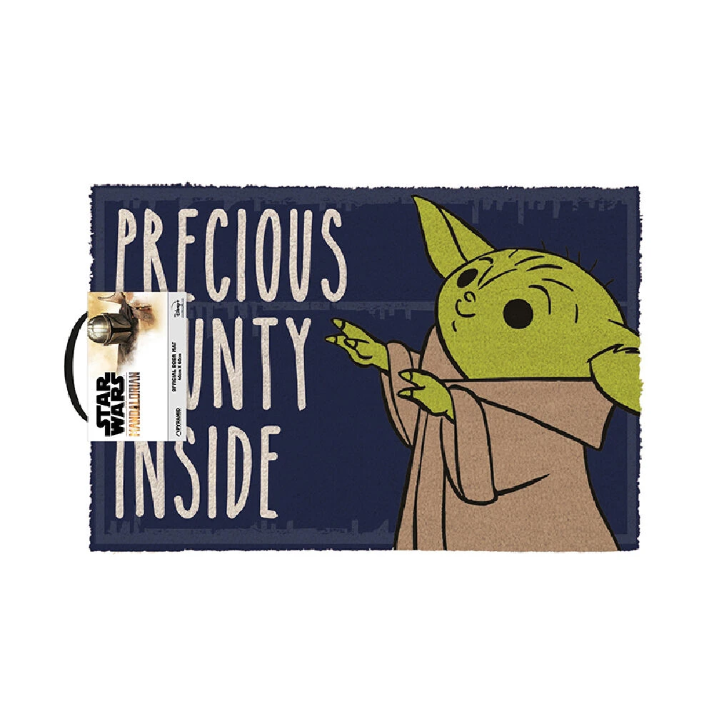 La imagen muestra a Grogu de Star Wars sobre un fondo azul con las palabras 'Precious Bounty Inside'. Hay una etiqueta de Star Wars a la izquierda.