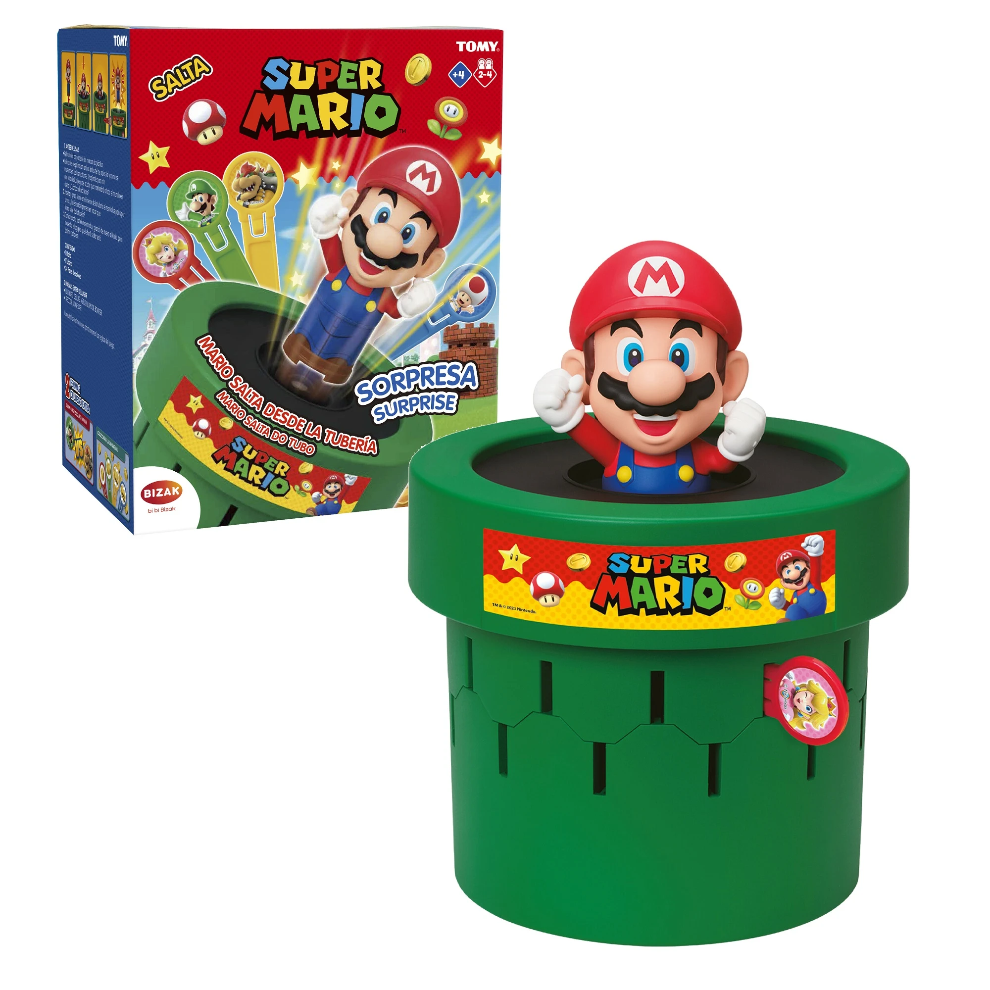 Un juego de juguetes de Super Mario. La caja y una estructura verde en forma de tubo con una figura de Mario que sale.