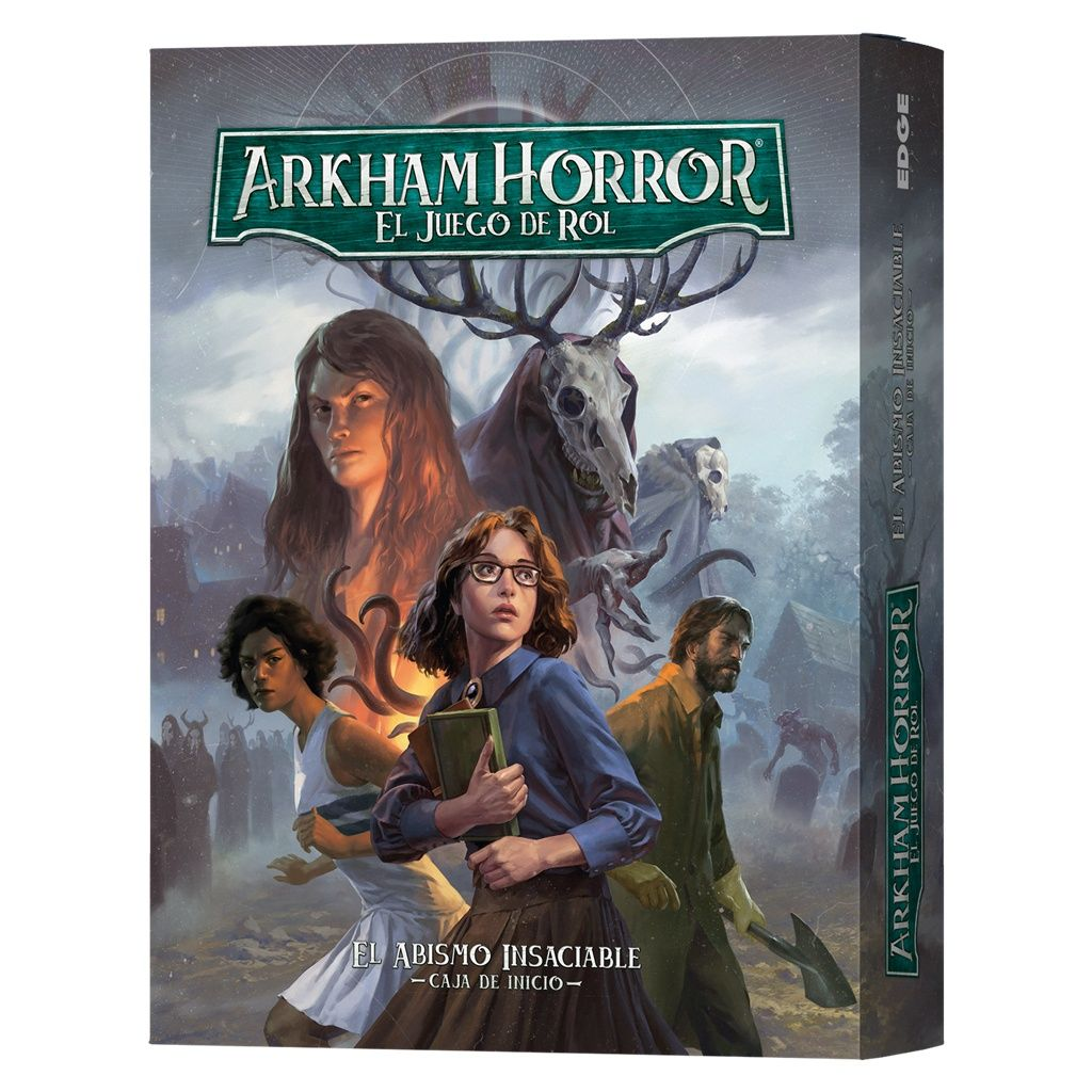 Ilustración de la caja del juego de rol Arkham Horror. Presenta personajes en una escena espeluznante con monstruos y una figura con cara de calavera.