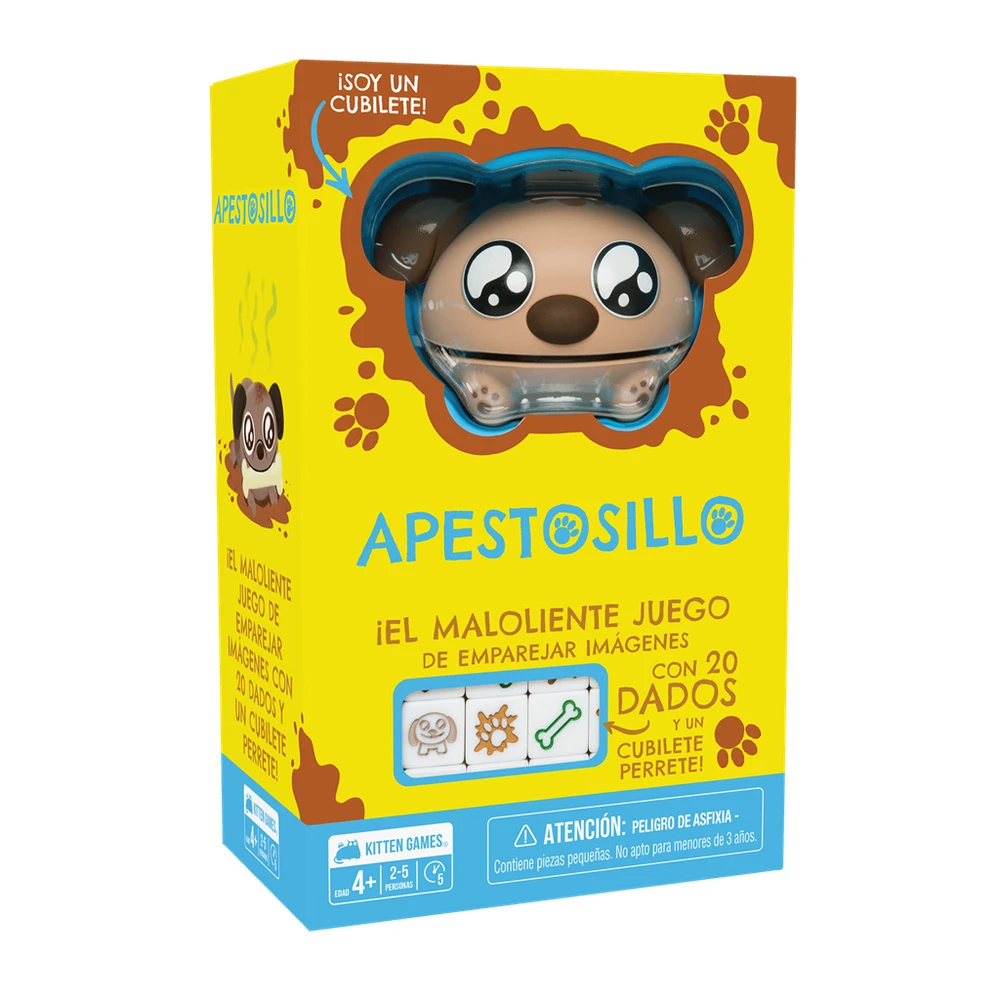 Una caja amarilla con un juguete en forma de perro en la parte superior. El texto dice 'Apetosillo', 'El apestoso juego de emparejar imágenes' y 'Kitten Games'.