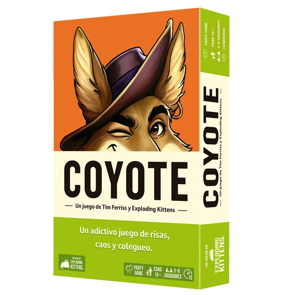 Schachtelkunst für das Spiel Coyote. Ein zwinkernder Kojote mit Hut ist abgebildet. Text sagt 'Coyote' und Spieldetails.