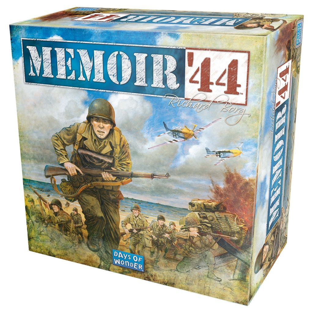 La ilustración de la caja del juego de mesa Memoir '44 muestra soldados avanzando en una playa, aviones sobre ellos y tanques. El cielo tiene nubes.