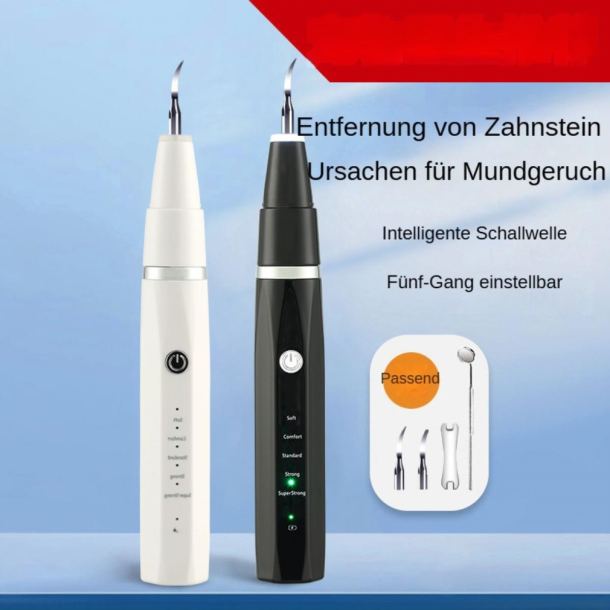 Zwei Zahnreinigungsgeräte, weiß und schwarz. Text beinhaltet 'Zahnstein entfernen', 'intelligente Schallwelle' und 'fünf Gänge'.