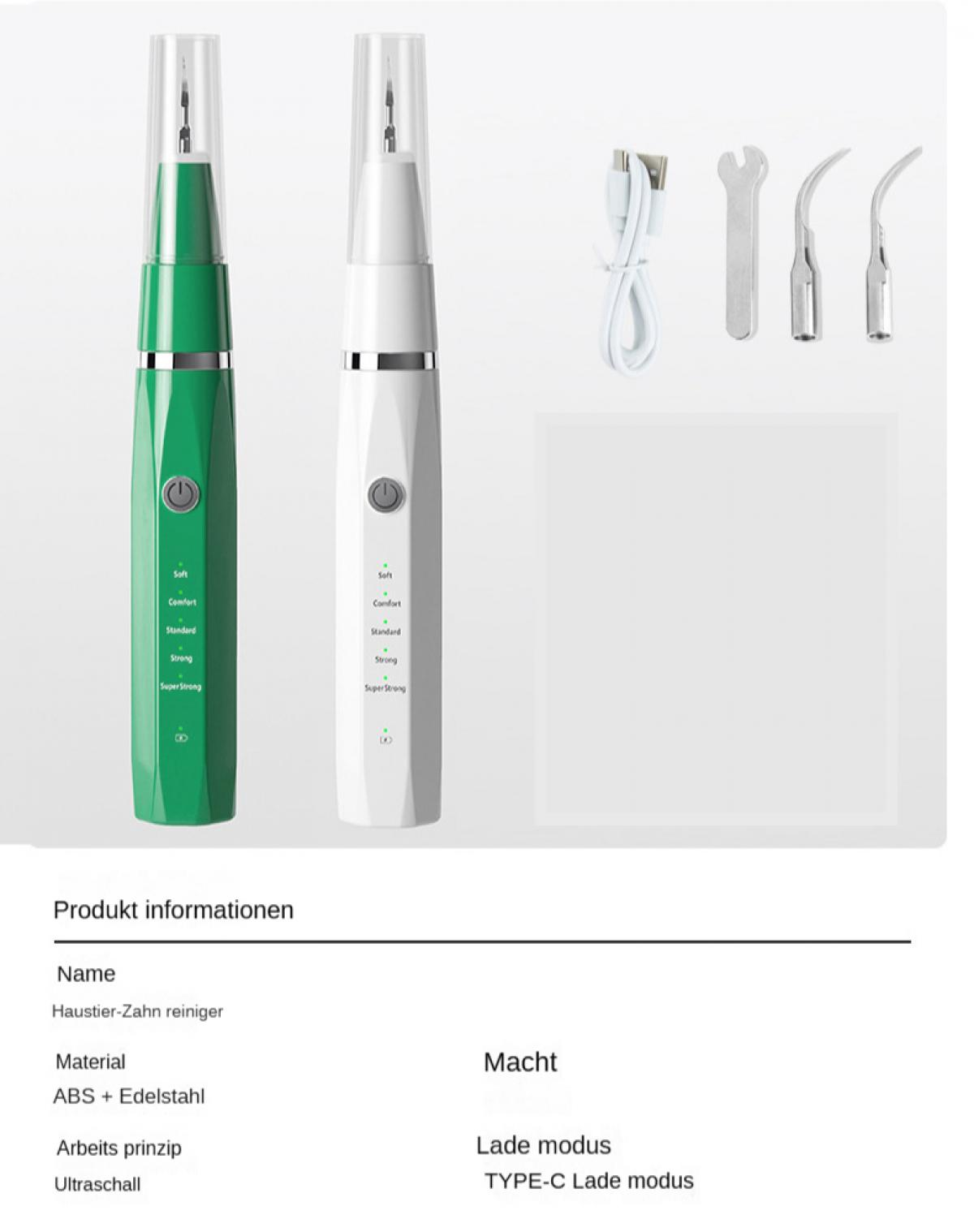 Das Bild zeigt einen grünen und weißen Zahnreiniger, Zubehör und Produktinformationen auf Deutsch.