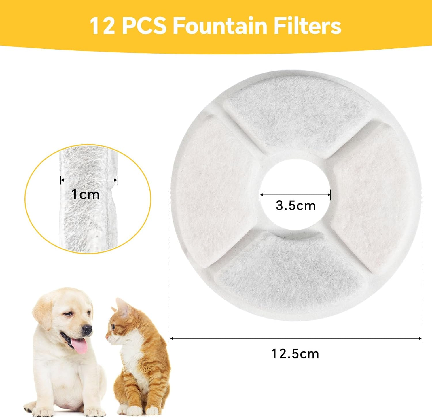 Das Bild zeigt einen weißen kreisförmigen Filter, einen Welpen, eine Katze und Abmessungen. Text: 12 PCS Fountain Filters.