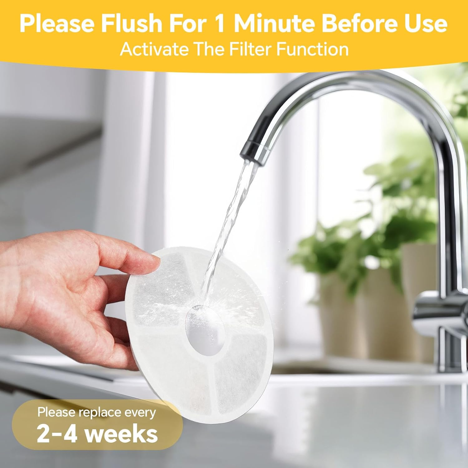 Eine Hand hält einen Filter unter fließendem Wasser aus einem Wasserhahn. Text: 'Bitte 1 Minute spülen.' 'Ersetze alle 2-4 Wochen'.