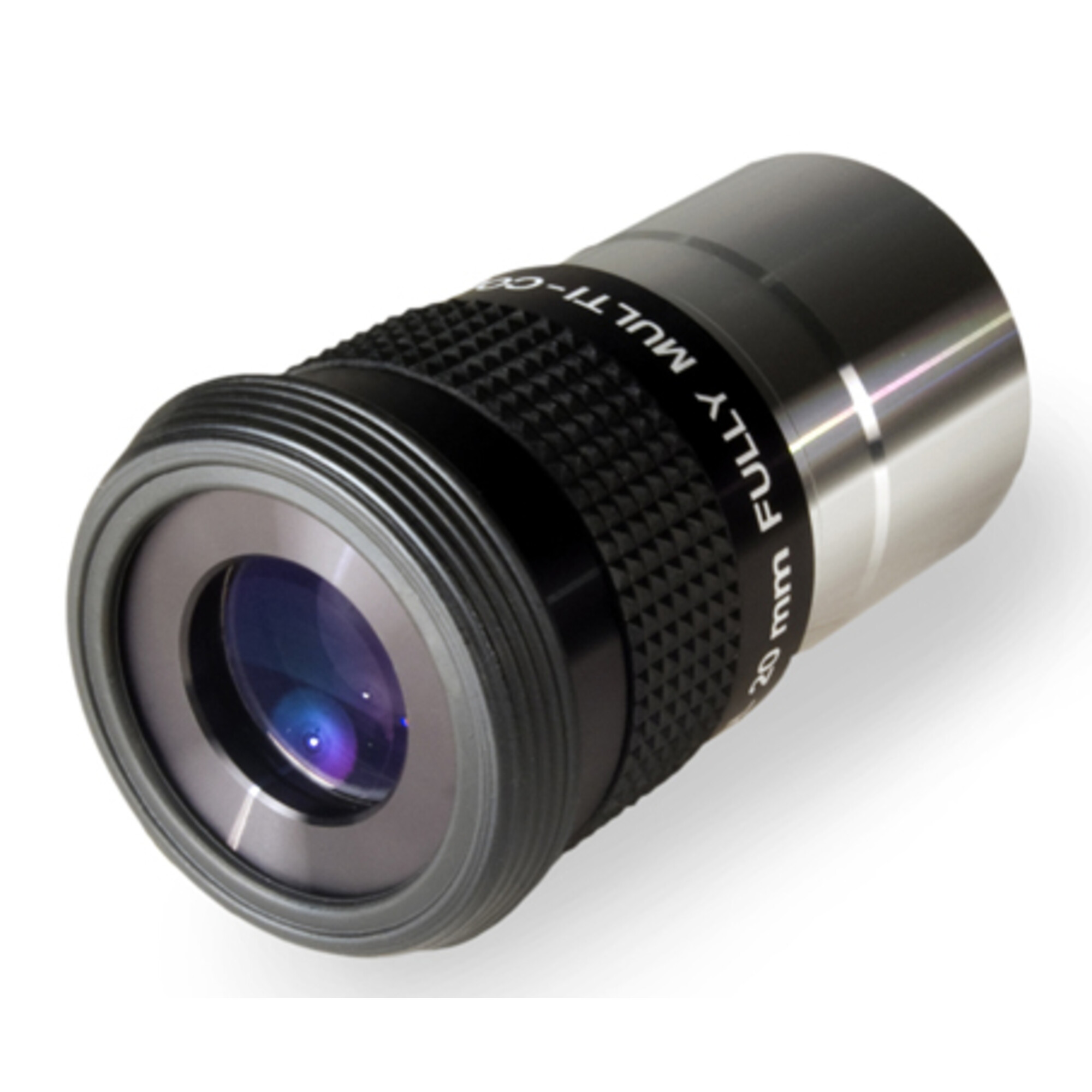 Ein Teleskopokular, schwarzer strukturierter Griff, silberner Körper und Linse. Auf dem Körper steht Fully Multi-Coated 20 mm.