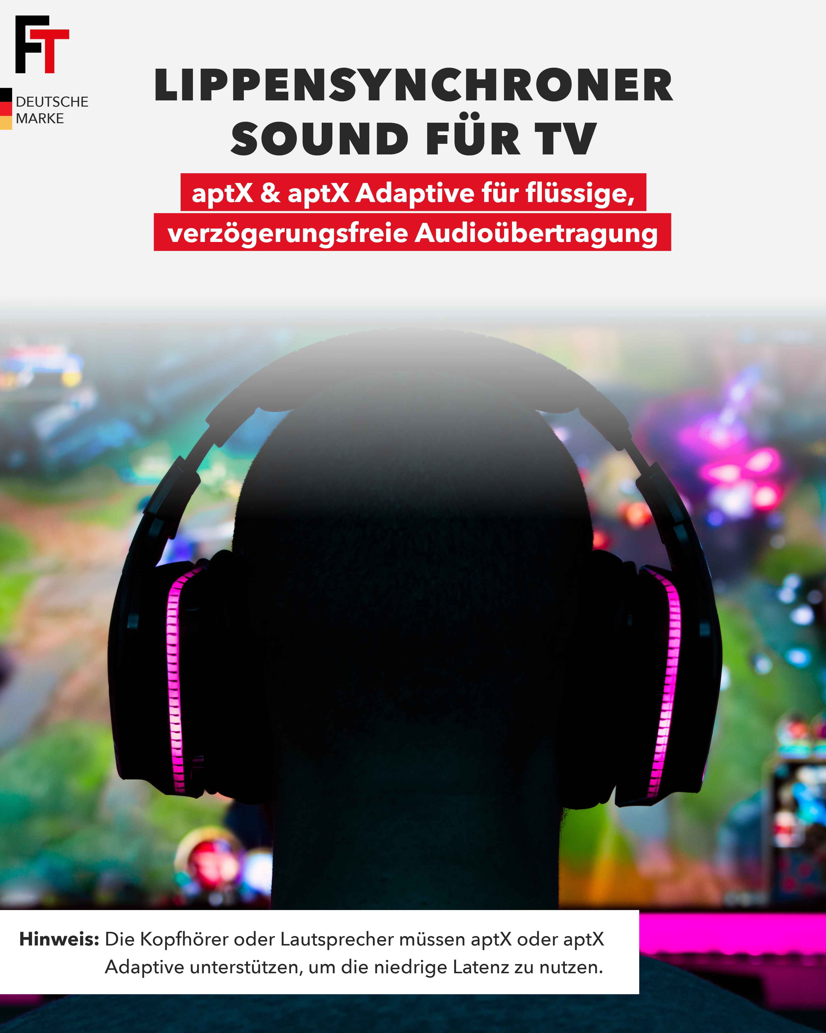 Kopfhörer-Silhouette auf einem Kopf, mit rosa Lichtern. Text: Lipsync Sound für TV, aptX Adaptive.