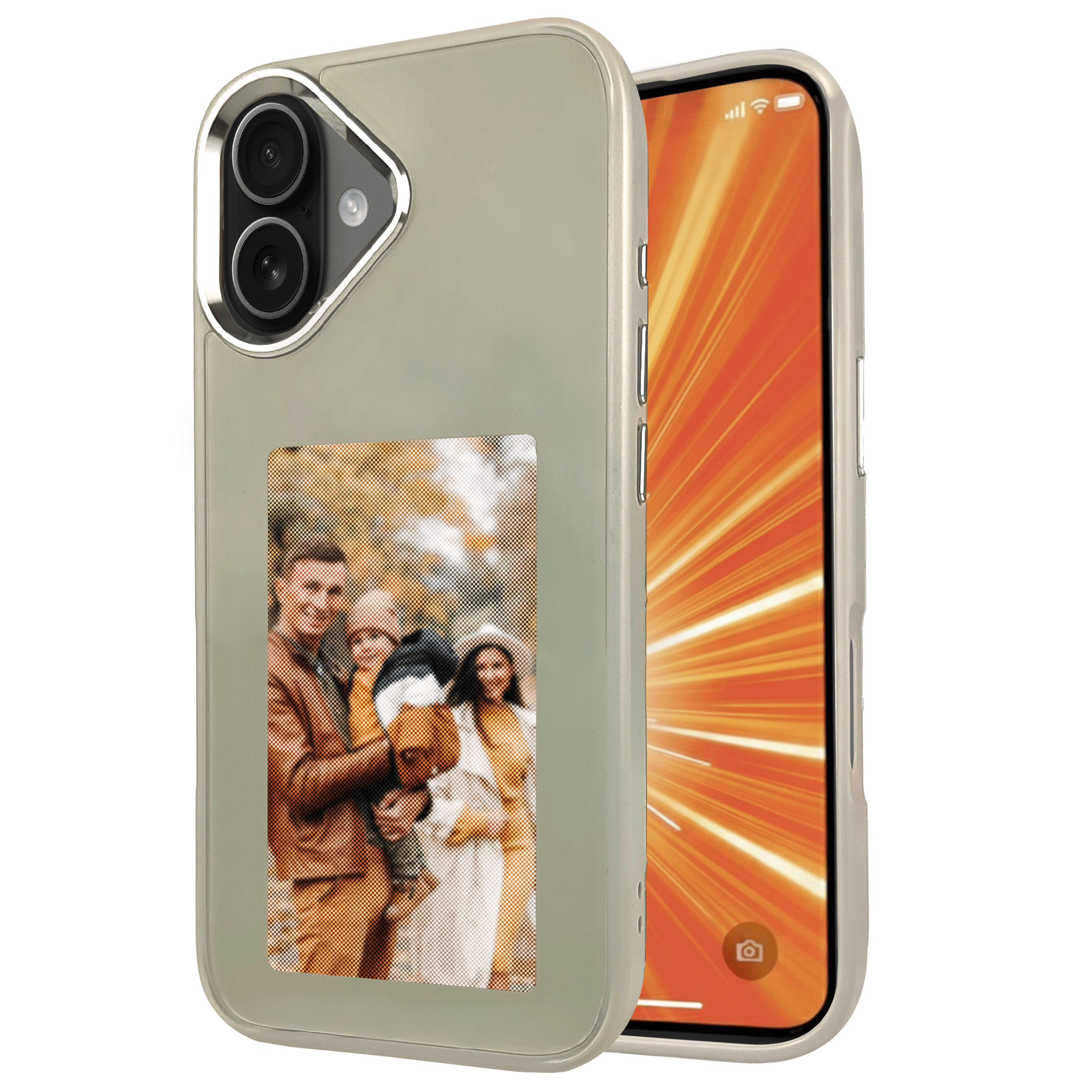 Telefoonhoesje met familiefoto. Het scherm toont een oranje achtergrond. De hoes is grijs.