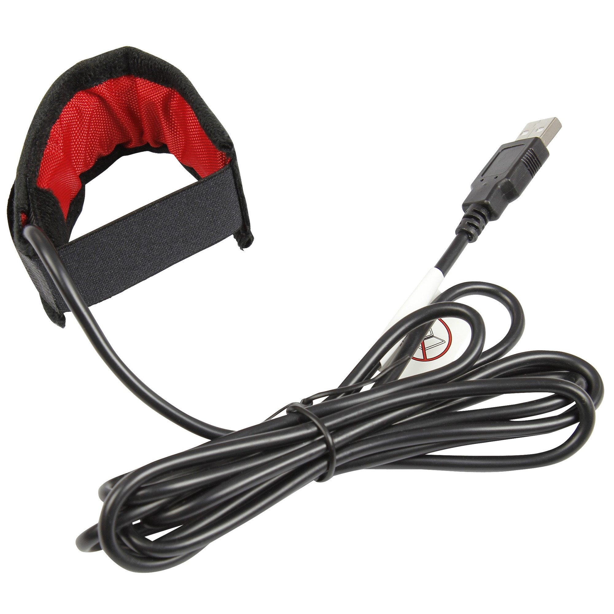 Schwarzes USB-Kabel mit rotem und schwarzem Handgelenkband. Das Kabel ist aufgerollt. Weißer Hintergrund.