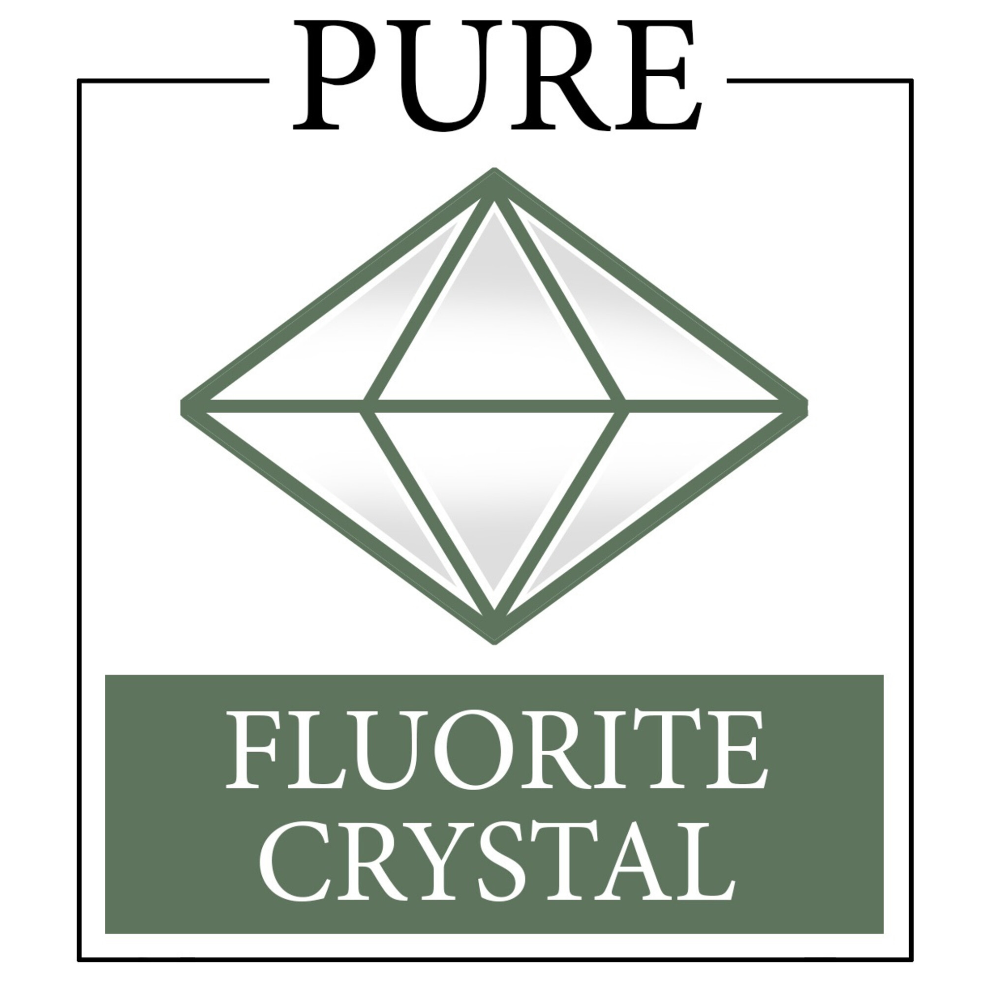 L'immagine mostra un design di cristallo verde con le parole PURE e FLUORITE CRYSTAL su sfondo bianco.
