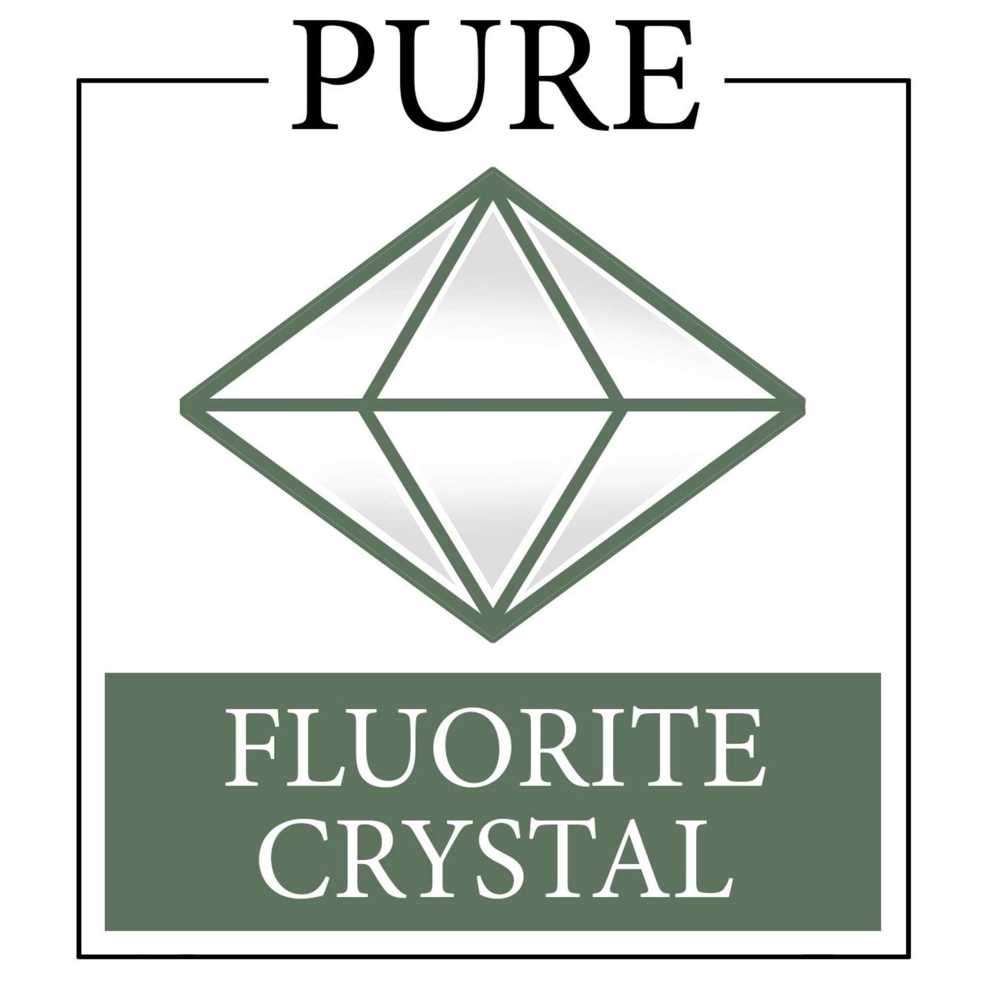 Das Bild zeigt ein Logo mit einer grünen Diamantenform und den Worten 'PURE' und 'FLUORITE CRYSTAL'.