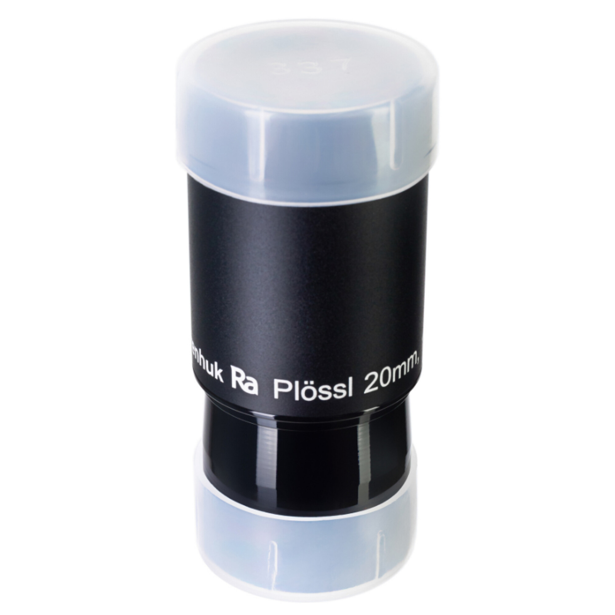 Un recipiente cilíndrico negro con tapa transparente, etiquetado 'Plossl 20mm'. El recipiente está sobre fondo blanco.