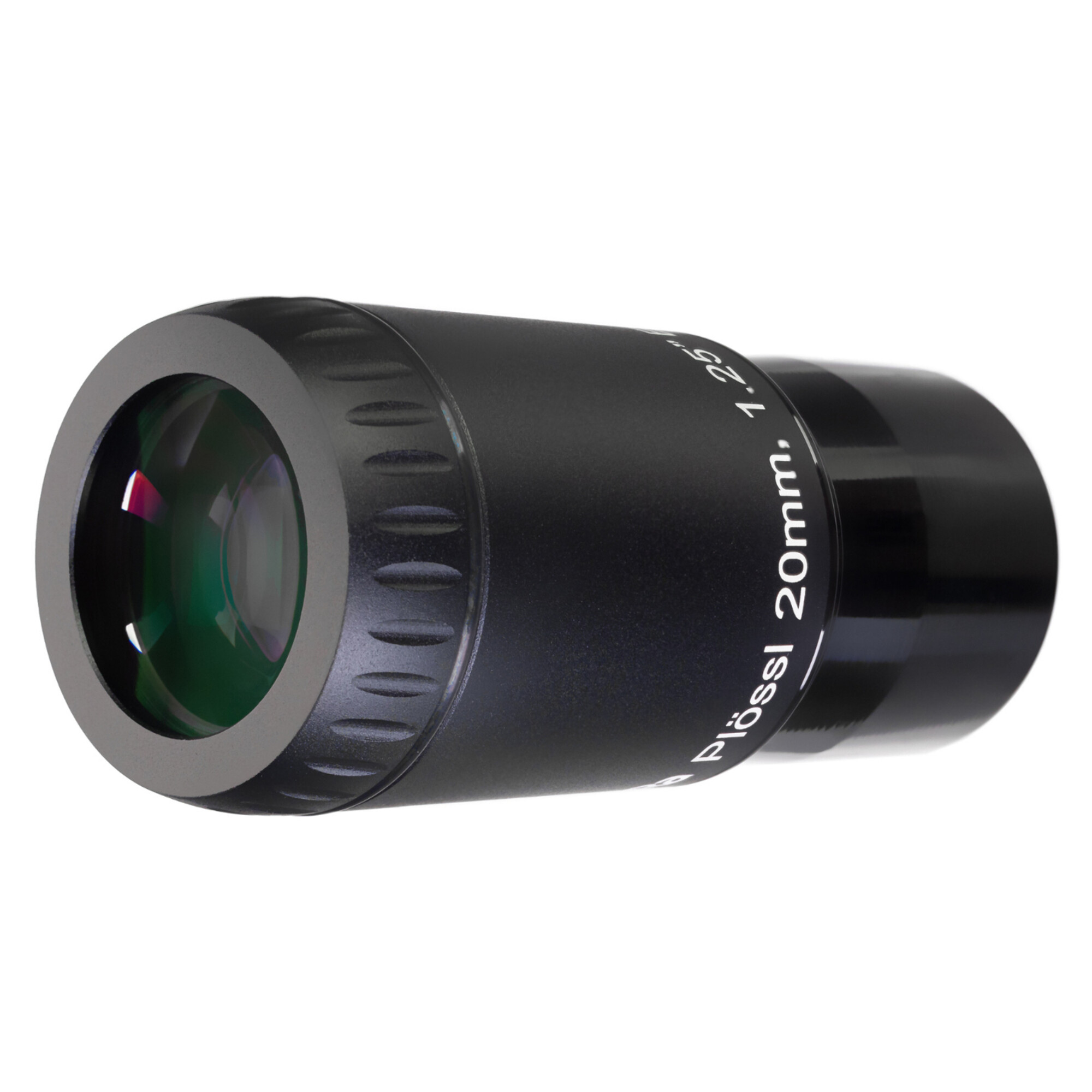 Un ocular de telescopio negro con lentes verdes. Texto: Plössl 20mm, 1.25".