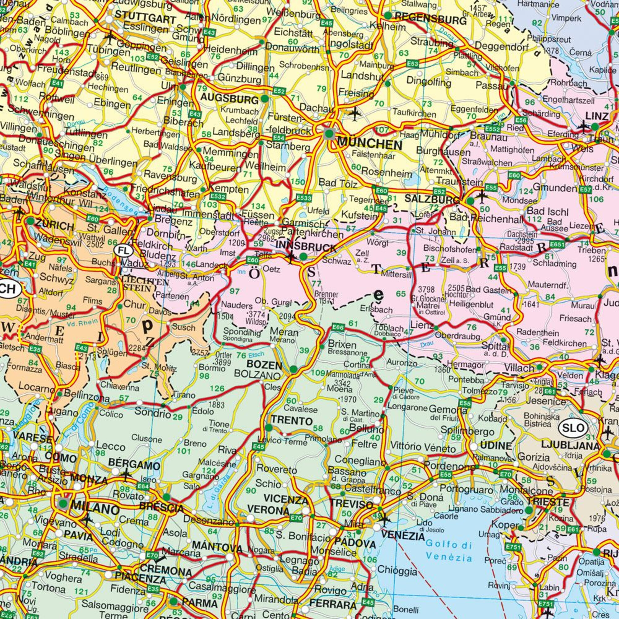 Eine farbenfrohe Karte mit Städten, Straßen und geografischen Merkmalen wie Bergen und Gewässern.