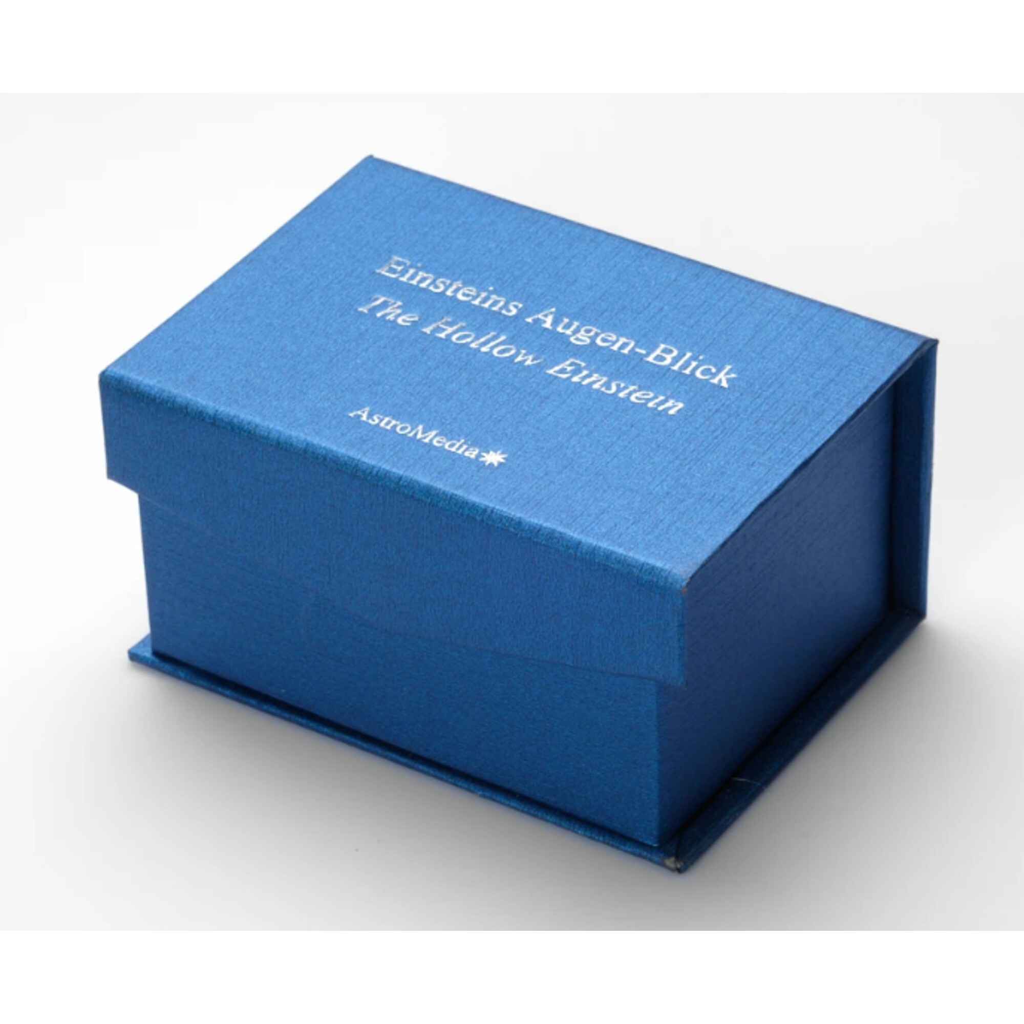 Eine blaue Box mit Text: 'Einsteins Augen-Blick, The Hollow Einstein, AstroMedia'.