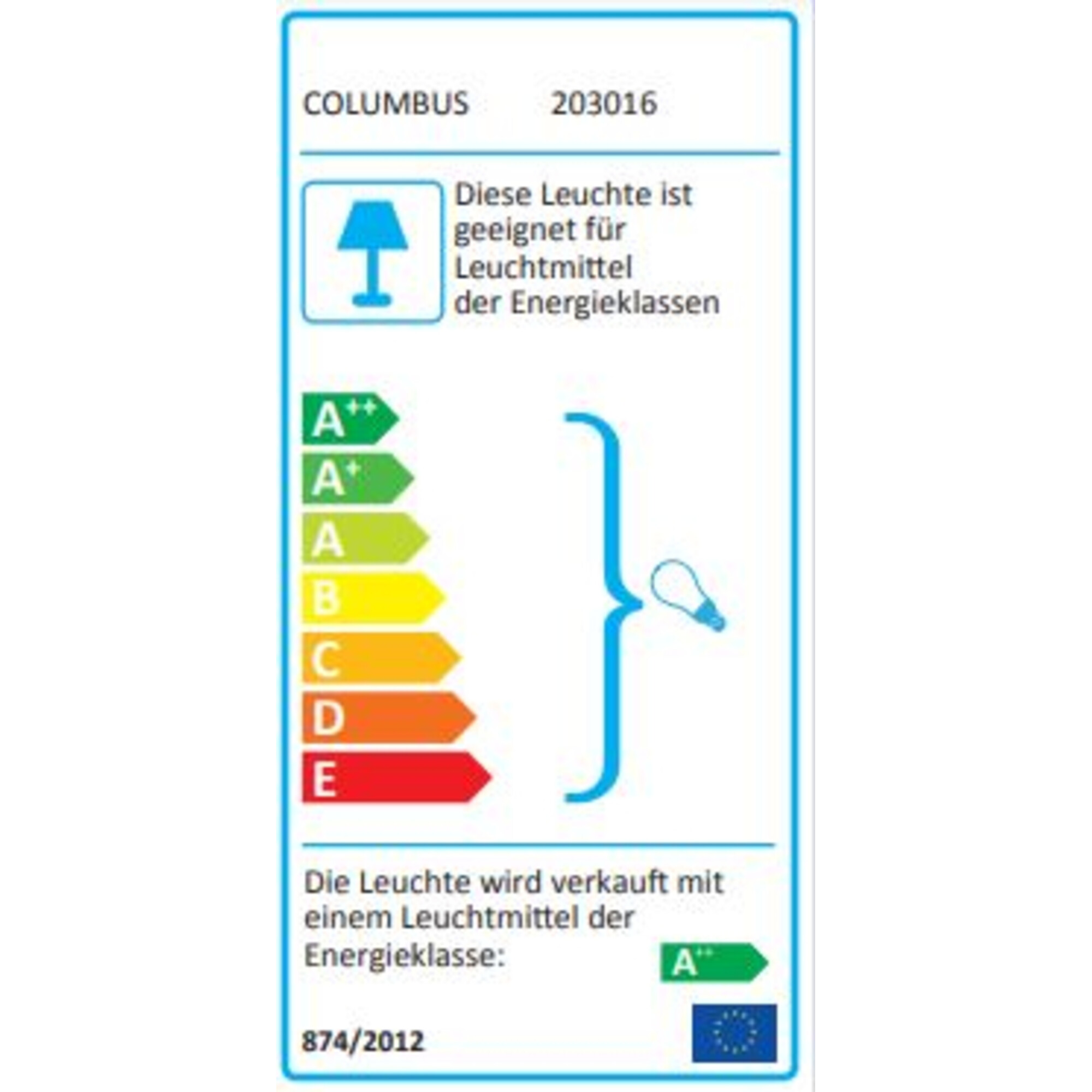Energielabel für eine Lampe, das Energieeffizienzklassen von A++ bis E zeigt, mit Text auf Deutsch.