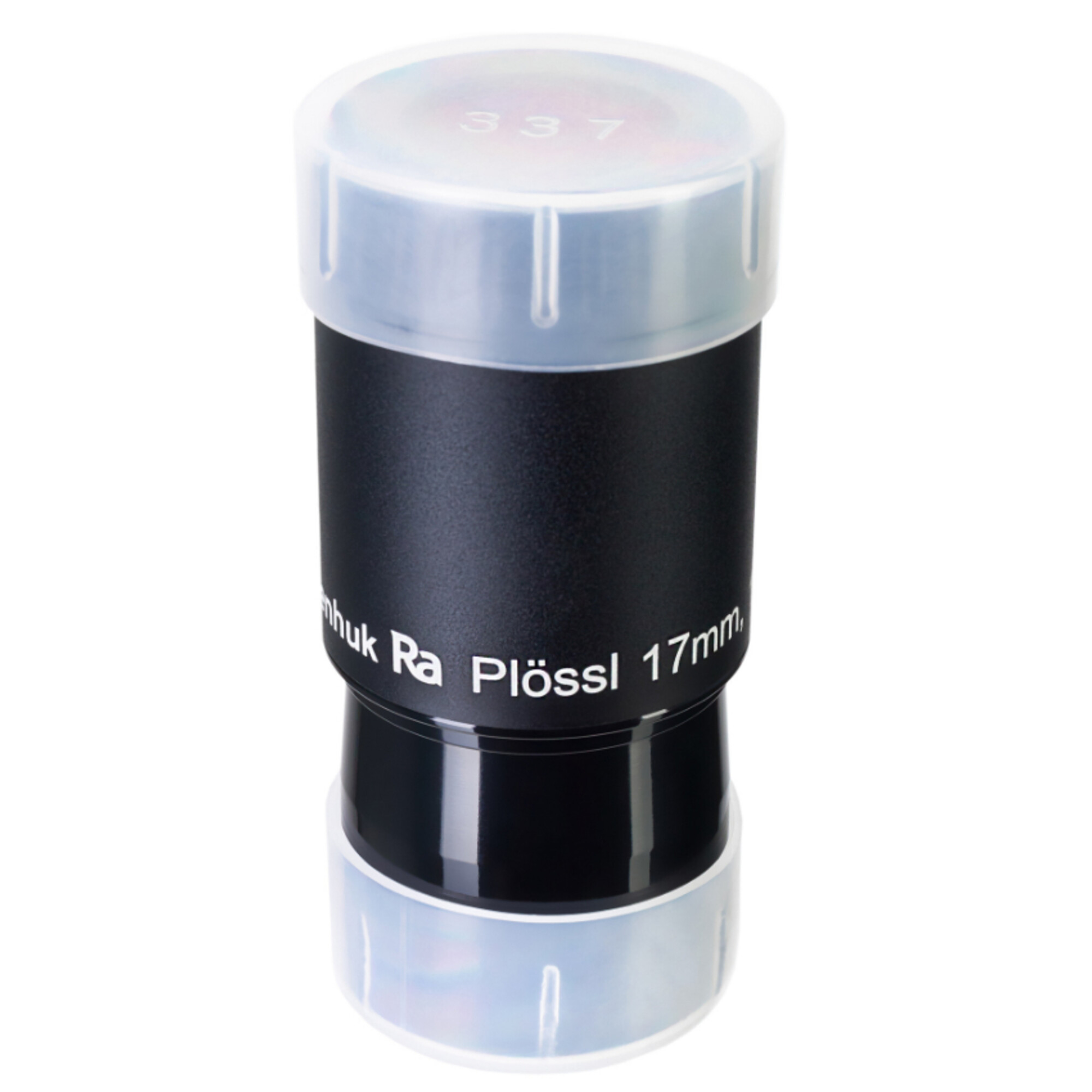 Un ocular de telescopio negro con tapa transparente. El texto lateral dice: Plossl 17mm.