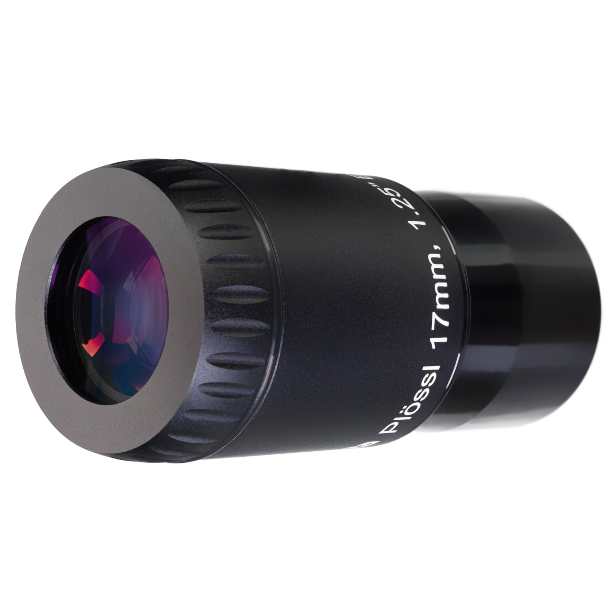 Un ocular de telescopio negro con una lente púrpura. Tiene texto blanco que dice 17 mm, 1,25" y Plössl.