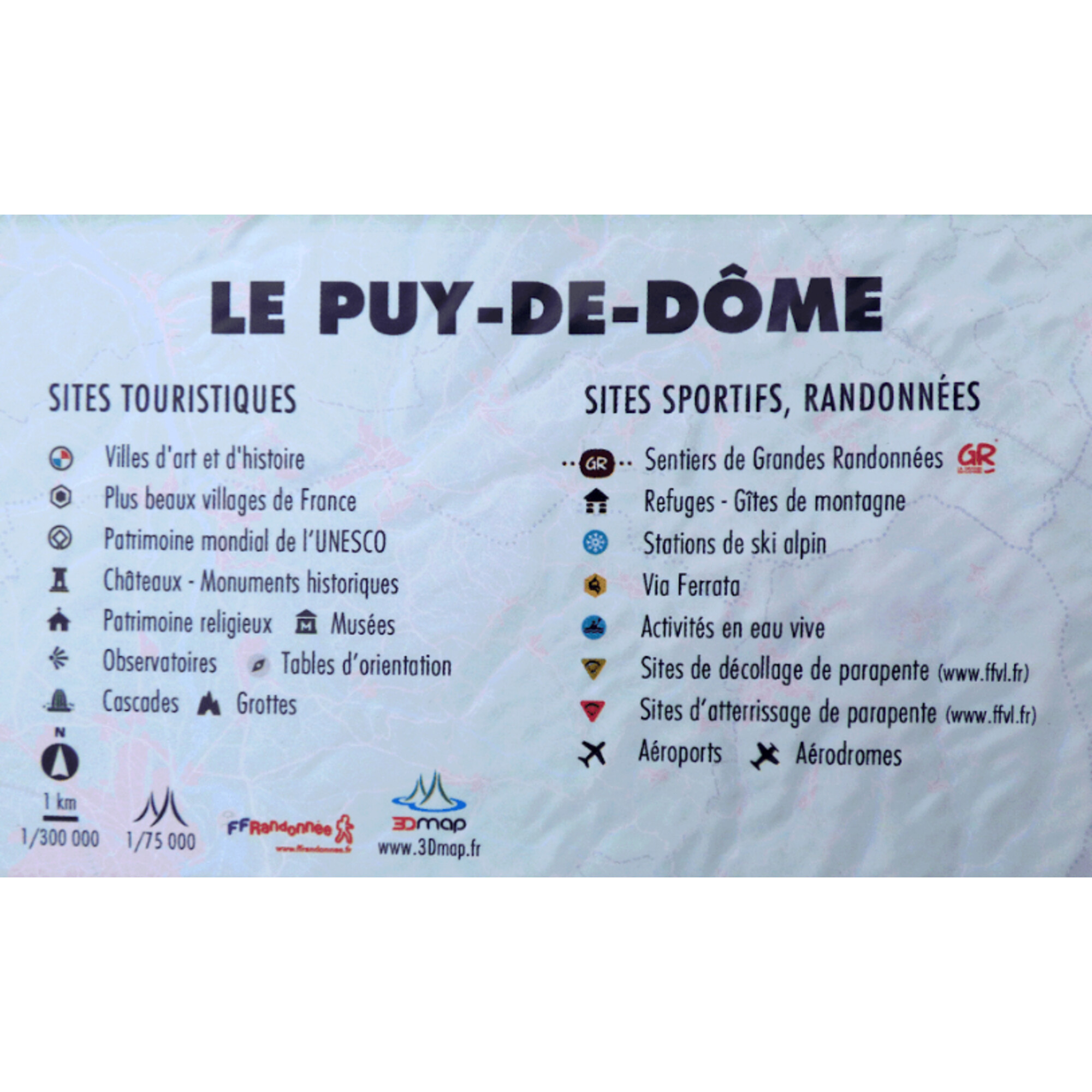 Karte von Le Puy-de-Dôme, Frankreich, mit Touristen- und Sportstätten. Enthält Symbole und französischen Text.