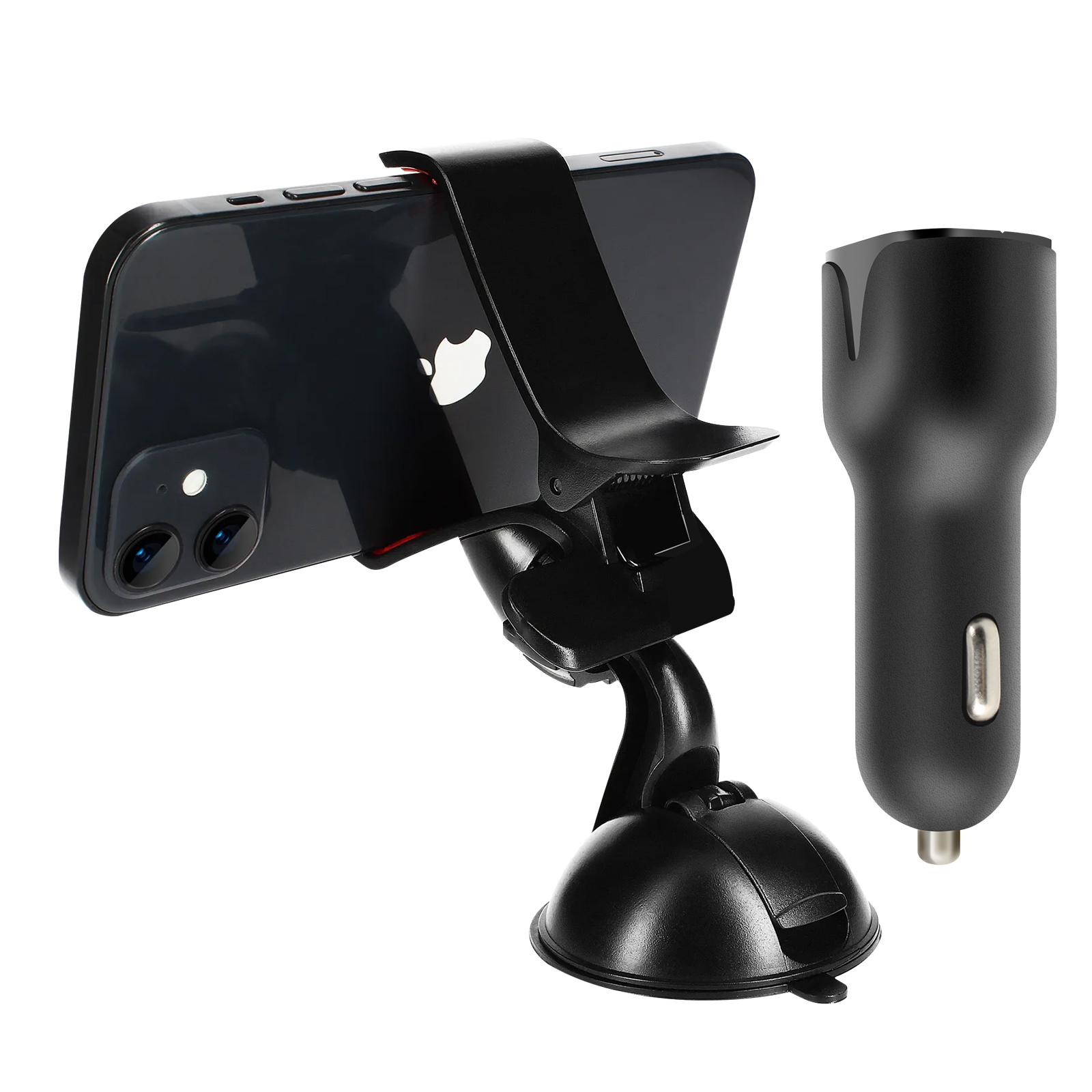 Telefono nero in un supporto per auto con caricatore. Il telefono è scuro con il logo Apple.