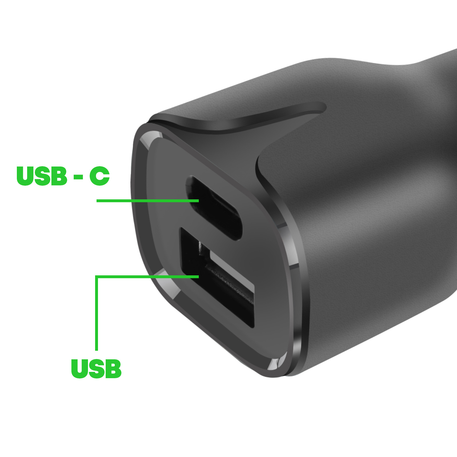 Caricabatterie USB nero con porte USB-C e USB etichettate con testo verde. Lo sfondo è bianco.