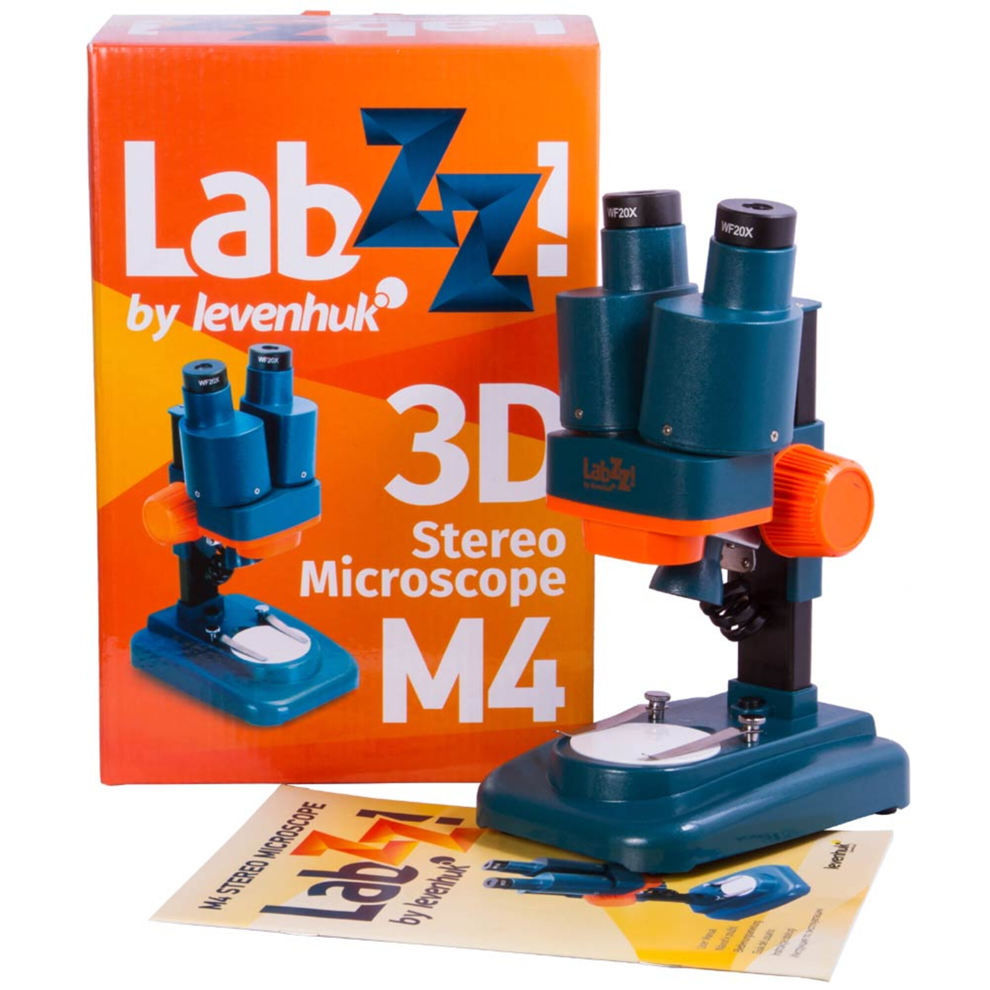 Ein Stereomikroskop mit orangefarbenem und tealfarbenem Design, mit seiner Box und einer Broschüre. Die Box trägt den Markennamen Labzz!.