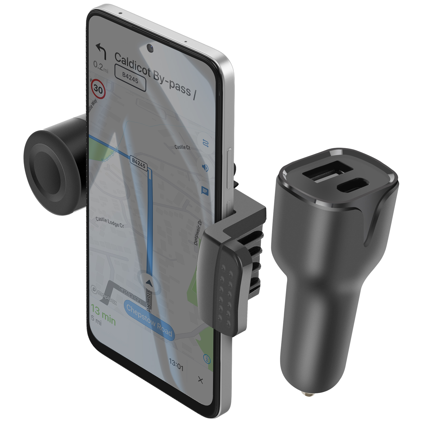 Un telefono con una mappa è tenuto da un supporto nero. Un caricabatterie per auto nero è sulla destra.