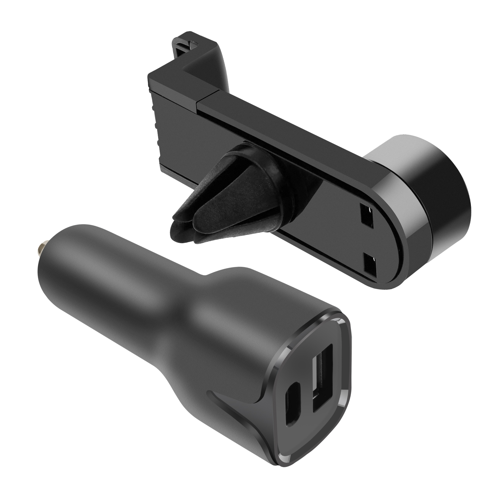 Un caricatore per auto e una clip per bocchetta neri. Il caricatore ha due porte USB. La clip ha un attacco per bocchetta.