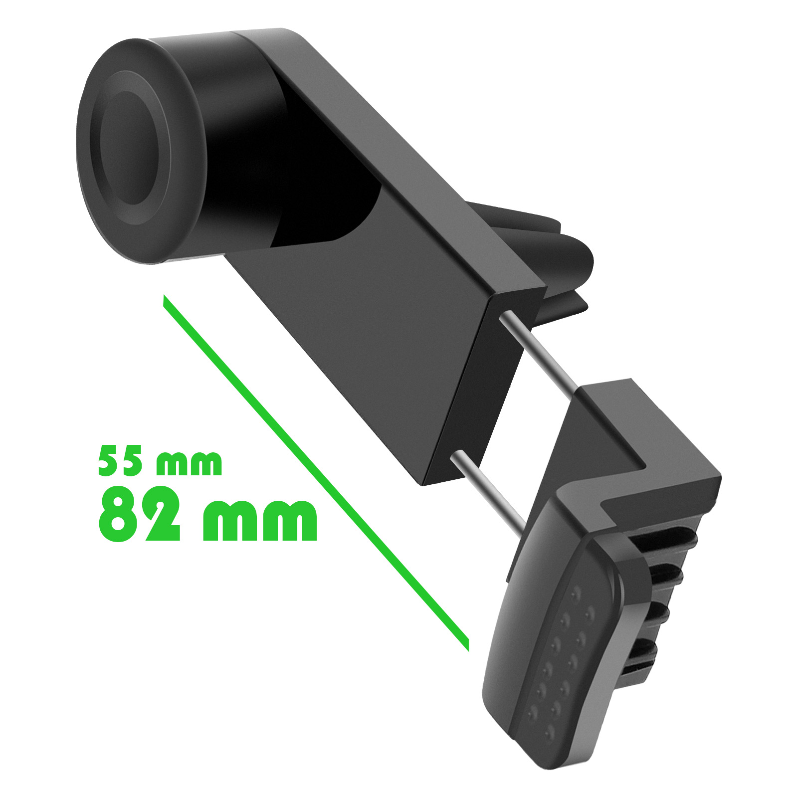 Supporto per telefono da auto in plastica nera. Ha una parte cilindrica, un corpo rettangolare e un supporto con pulsanti.